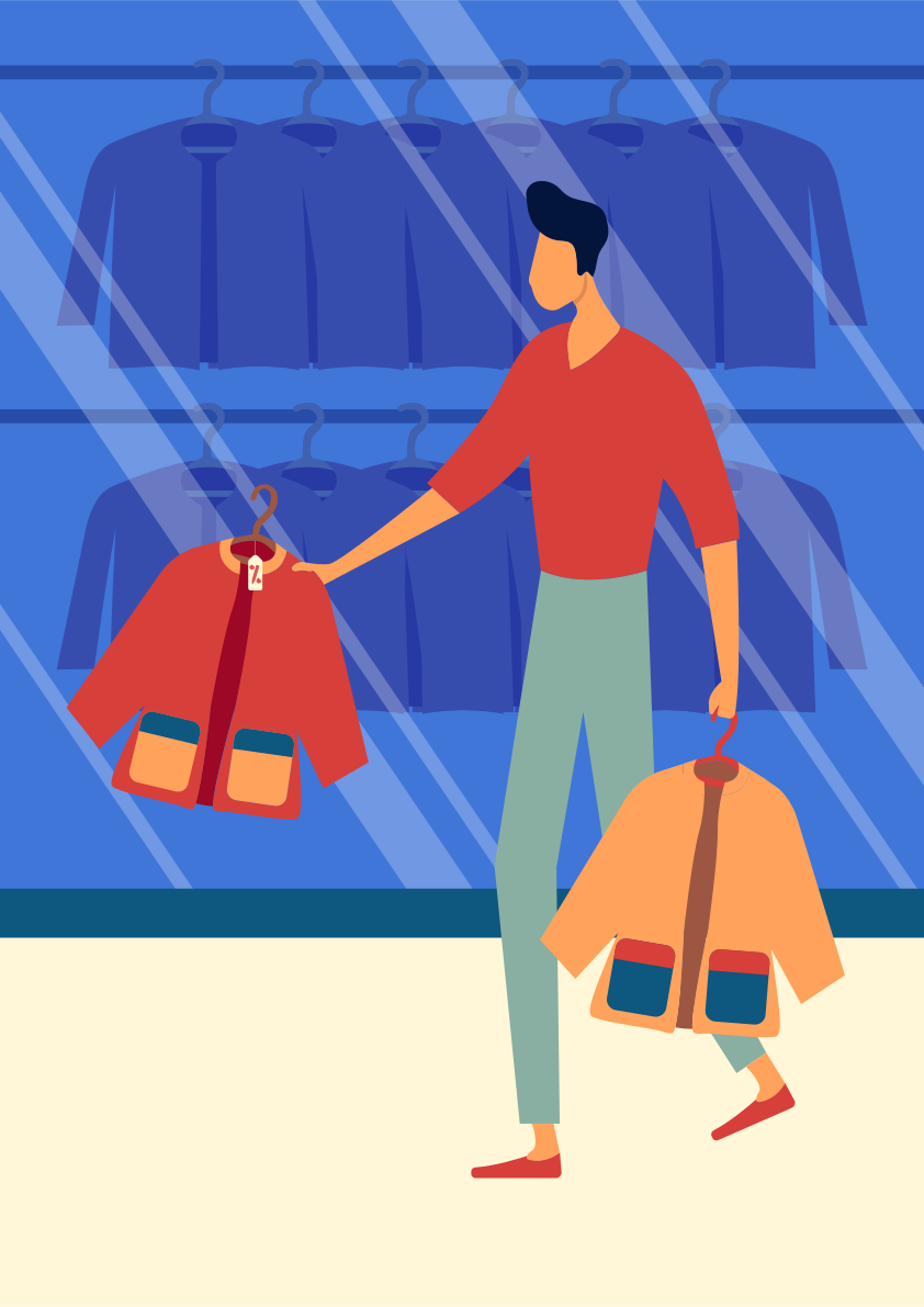 A man holding two bags in front of a store window