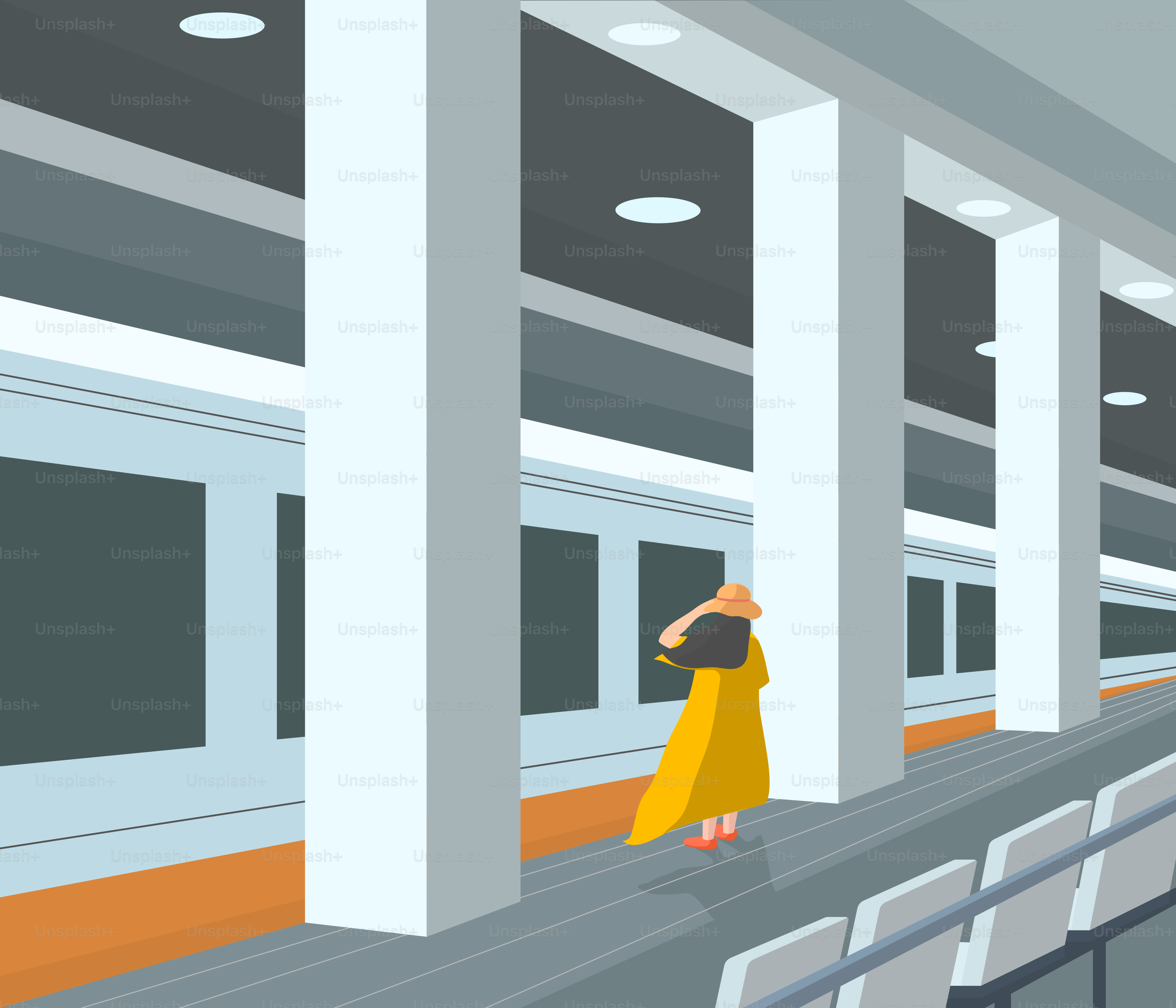 黄色いドレスを着た女性が駅に立っている