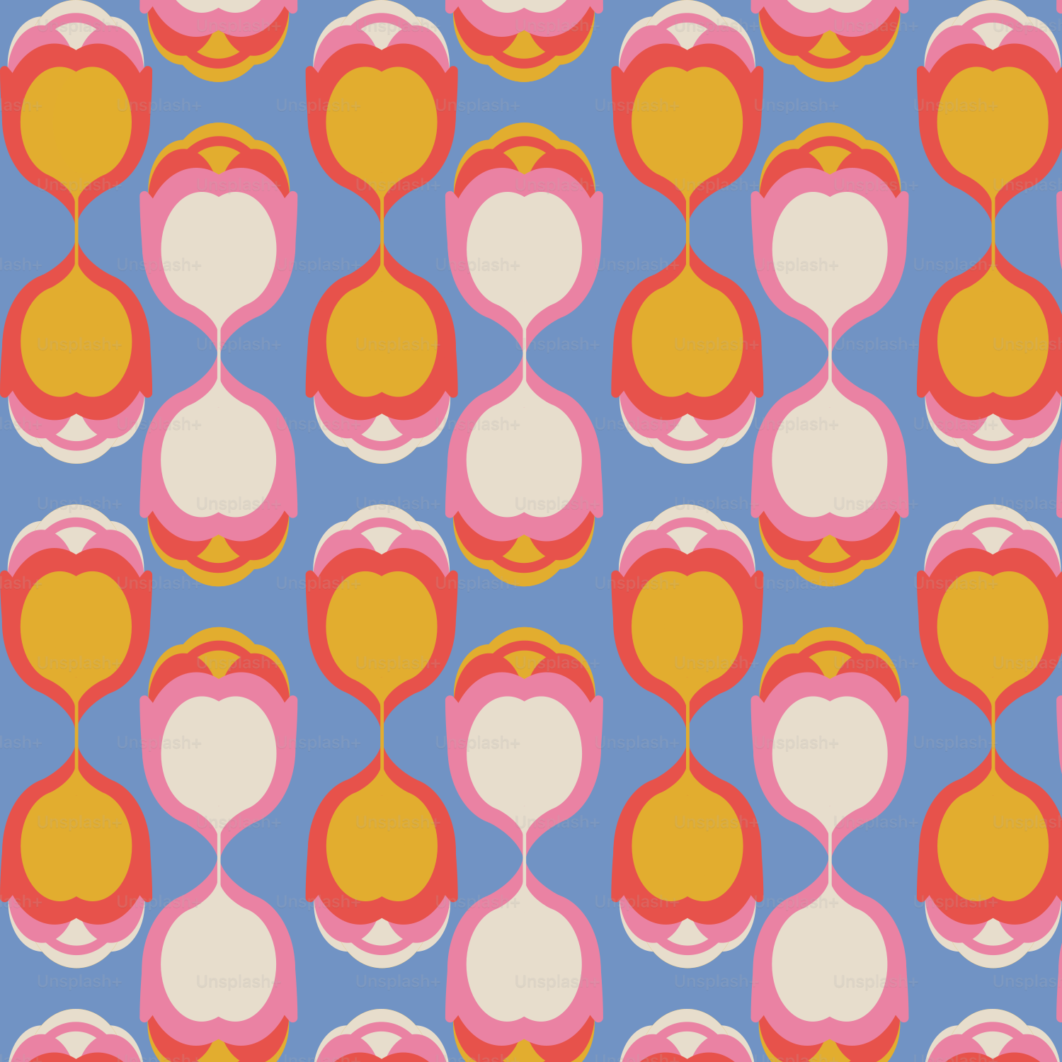 A blue background with pink, orange, and yellow circles