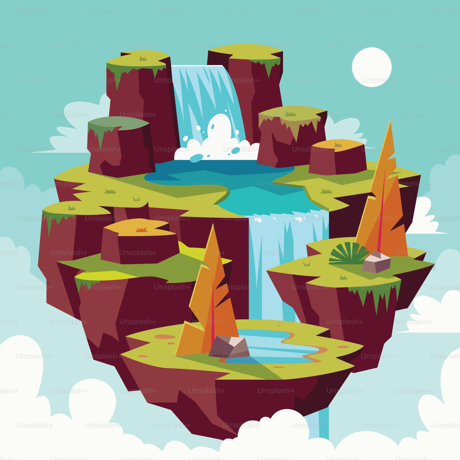 Une île flottante avec une cascade au centre
