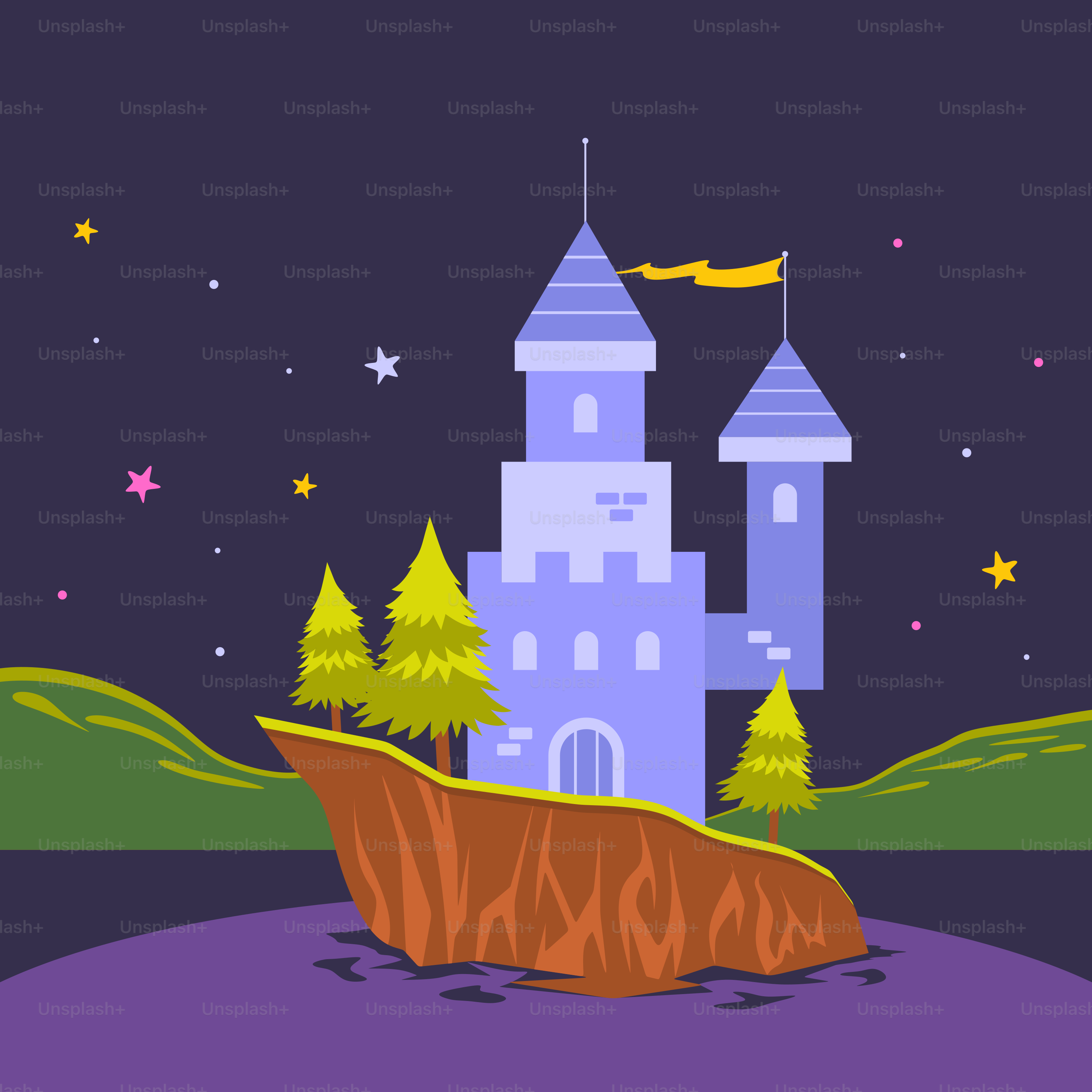 A cartoon castle with a cliff in front of it