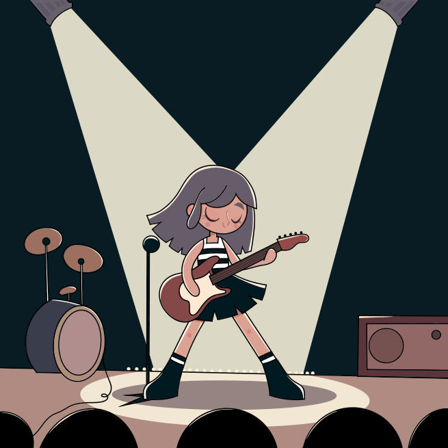 Un dibujo animado de una chica tocando la guitarra en el escenario