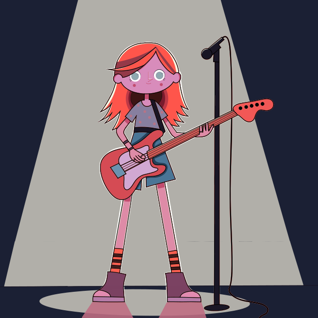 Una chica de dibujos animados tocando la guitarra delante de un micrófono