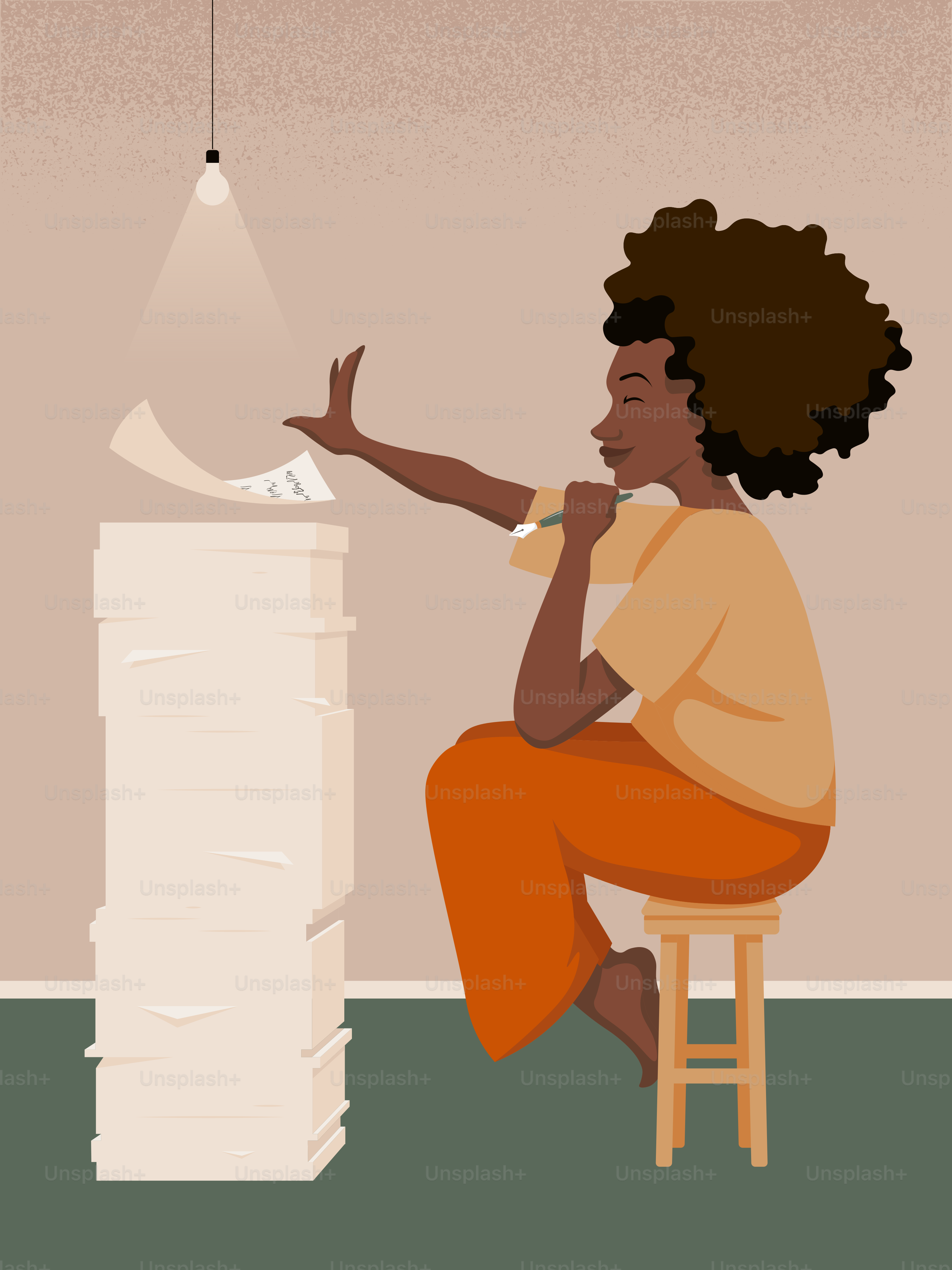 A woman sitting on a stool next to a stack of paper