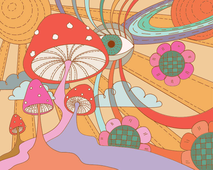Ein Gemälde von Pilzen und einem Vogel am Himmel
