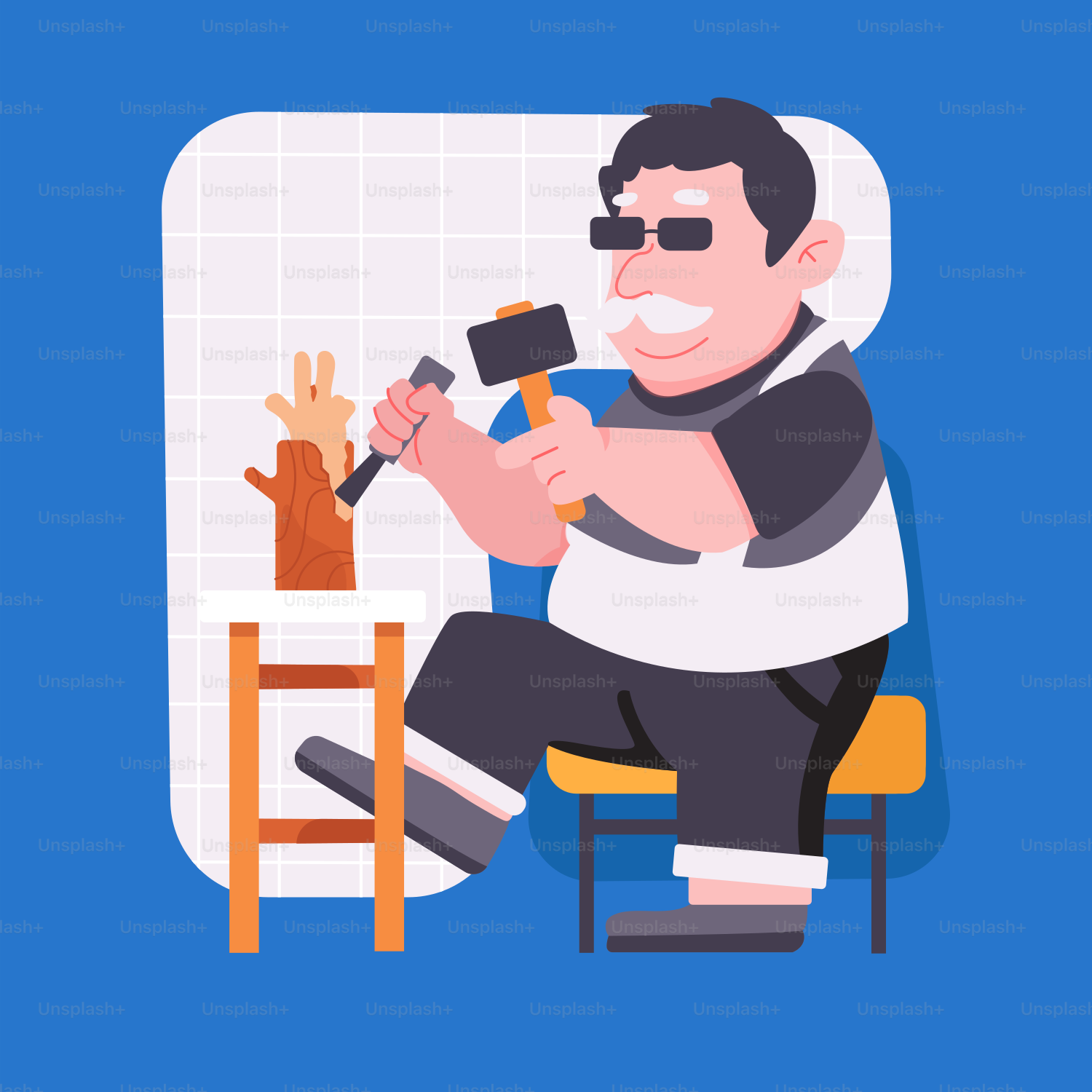 A man sitting on a chair with a hammer in his hand