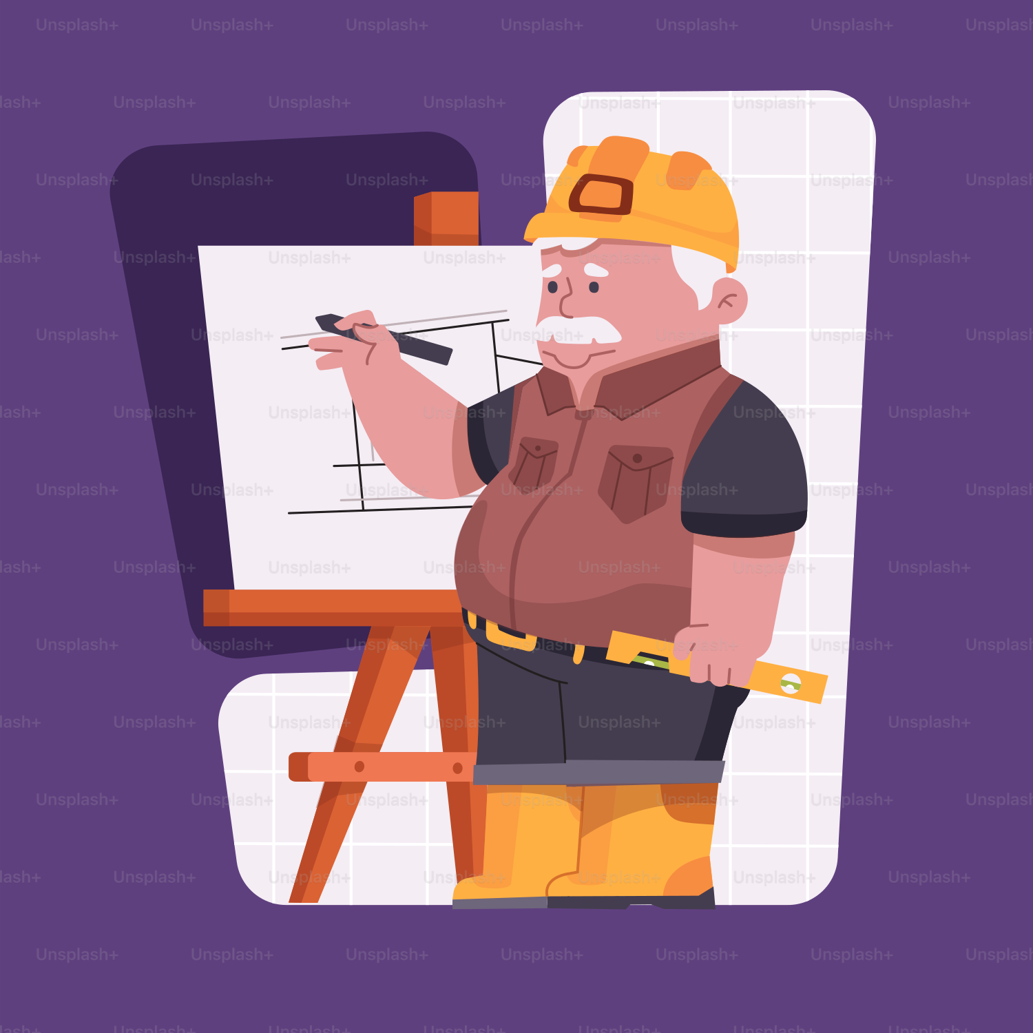 A man in a hard hat writing on a whiteboard