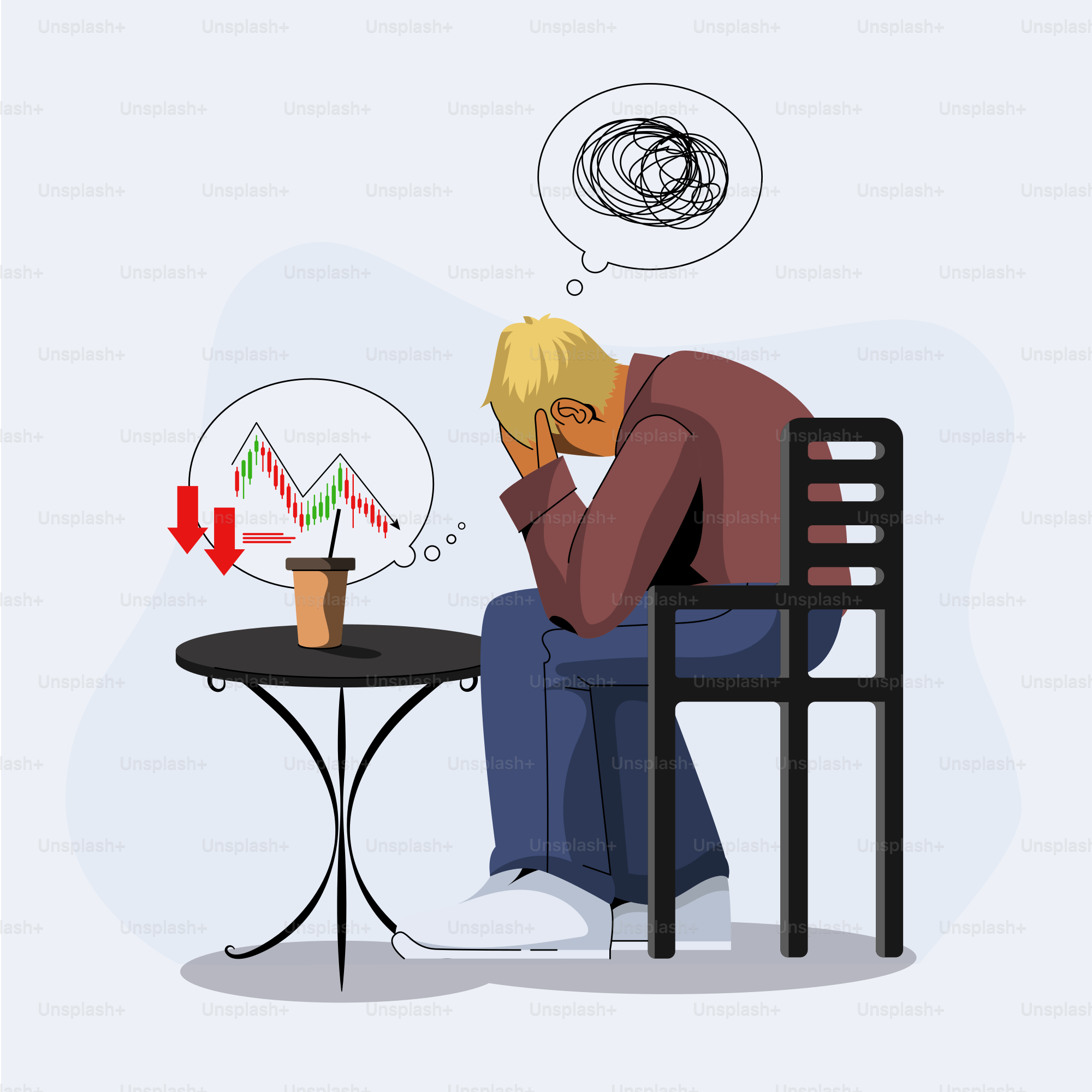 A man sitting at a table with a thought bubble above his head