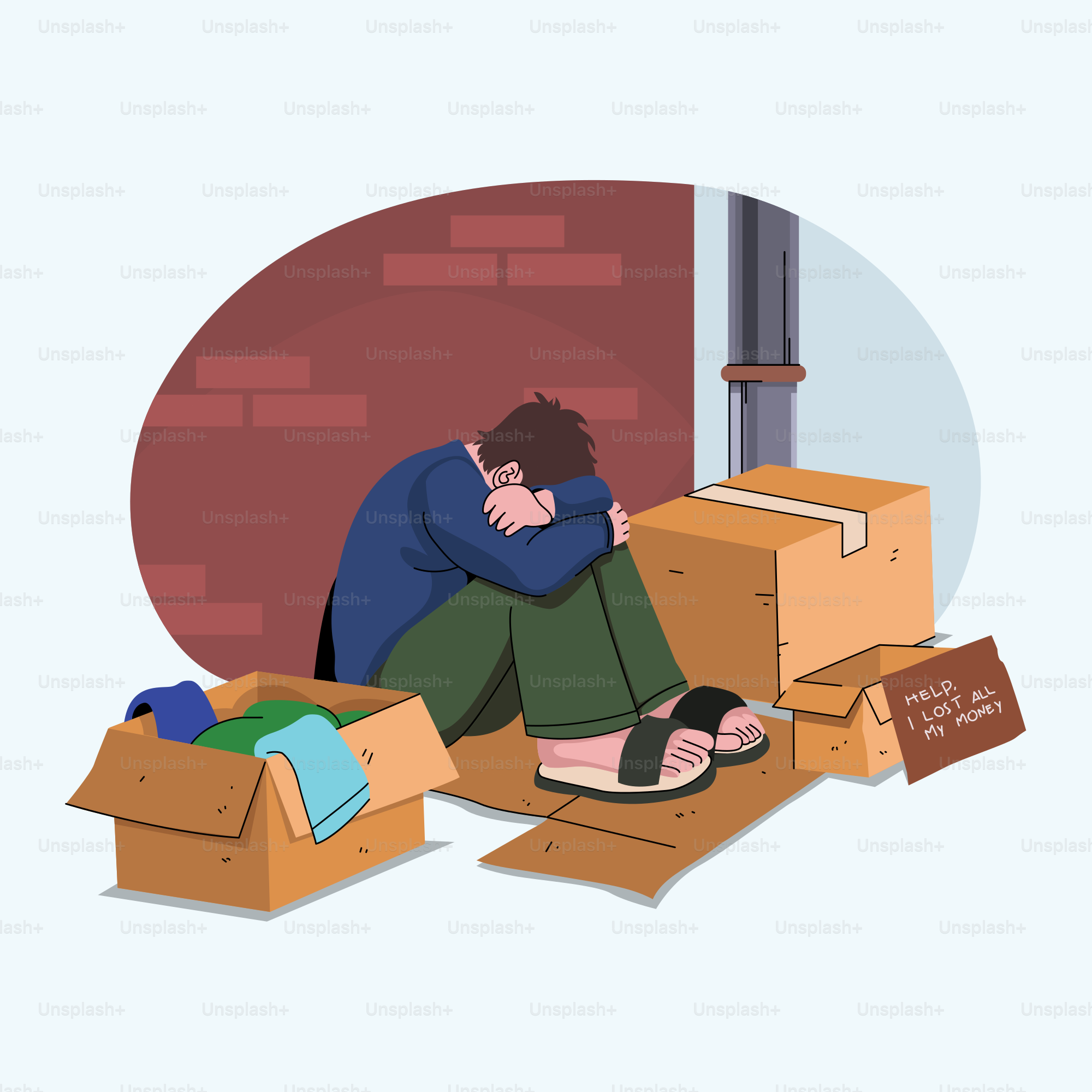 Un hombre sentado encima de una pila de cajas