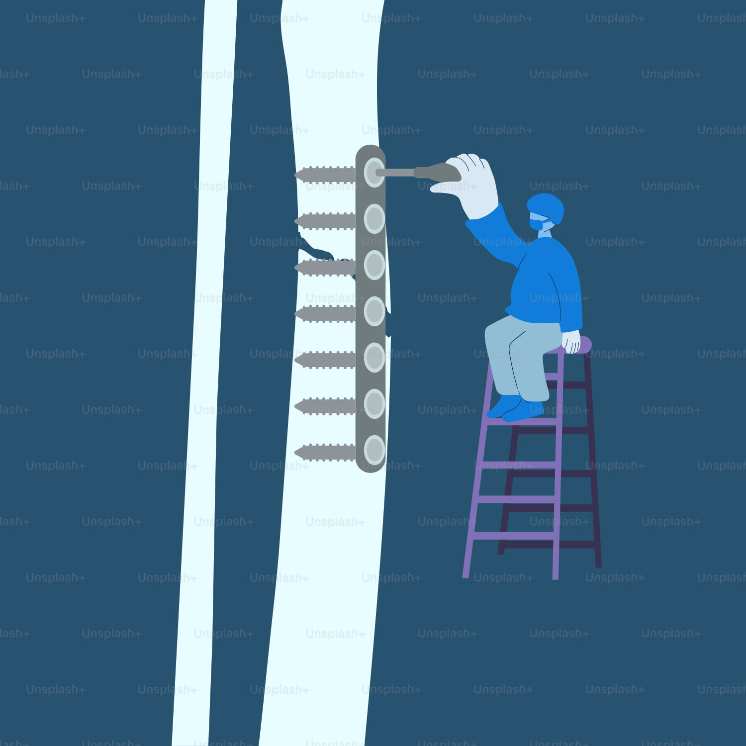 A man on a ladder working on a large toothbrush