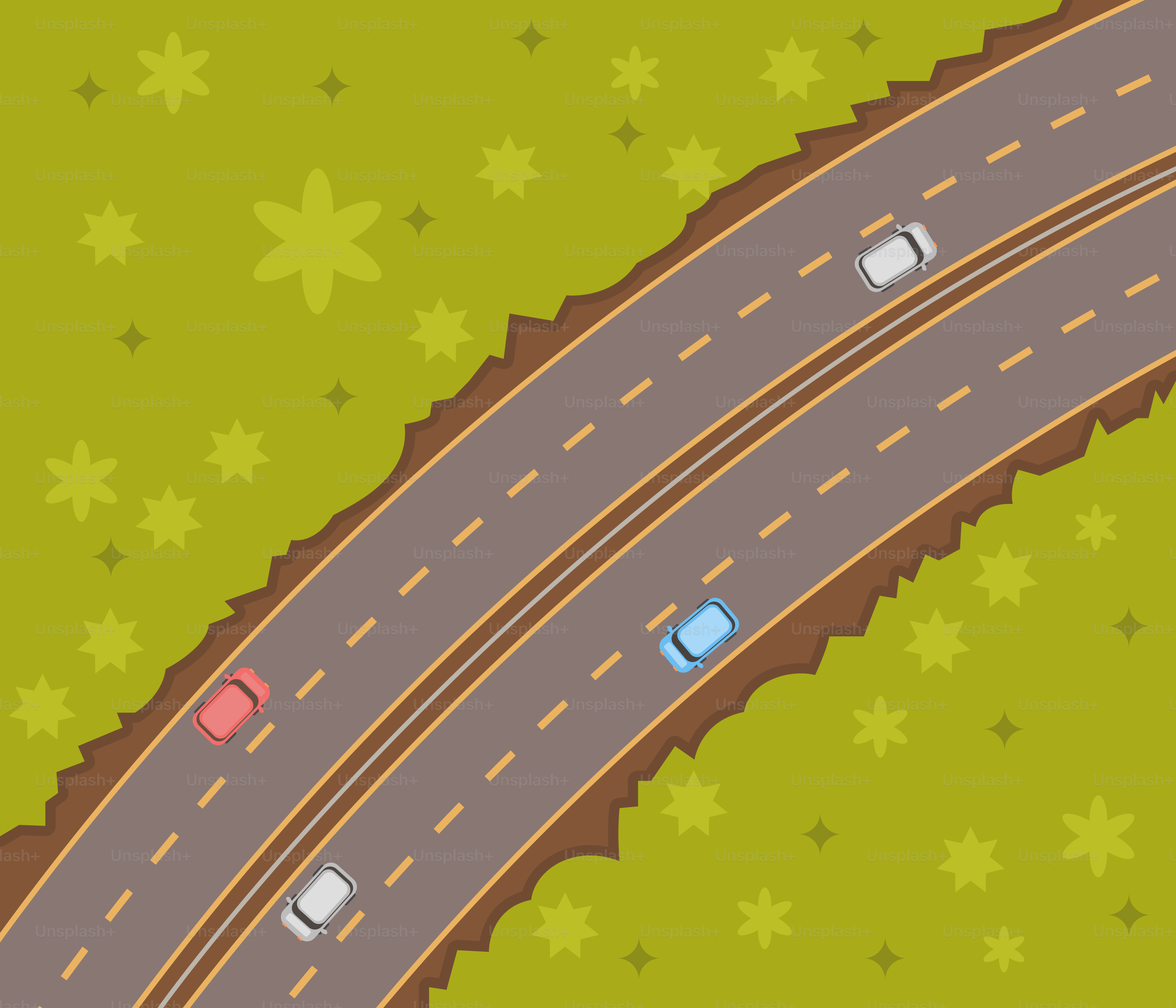 An overhead view of a road with cars on it