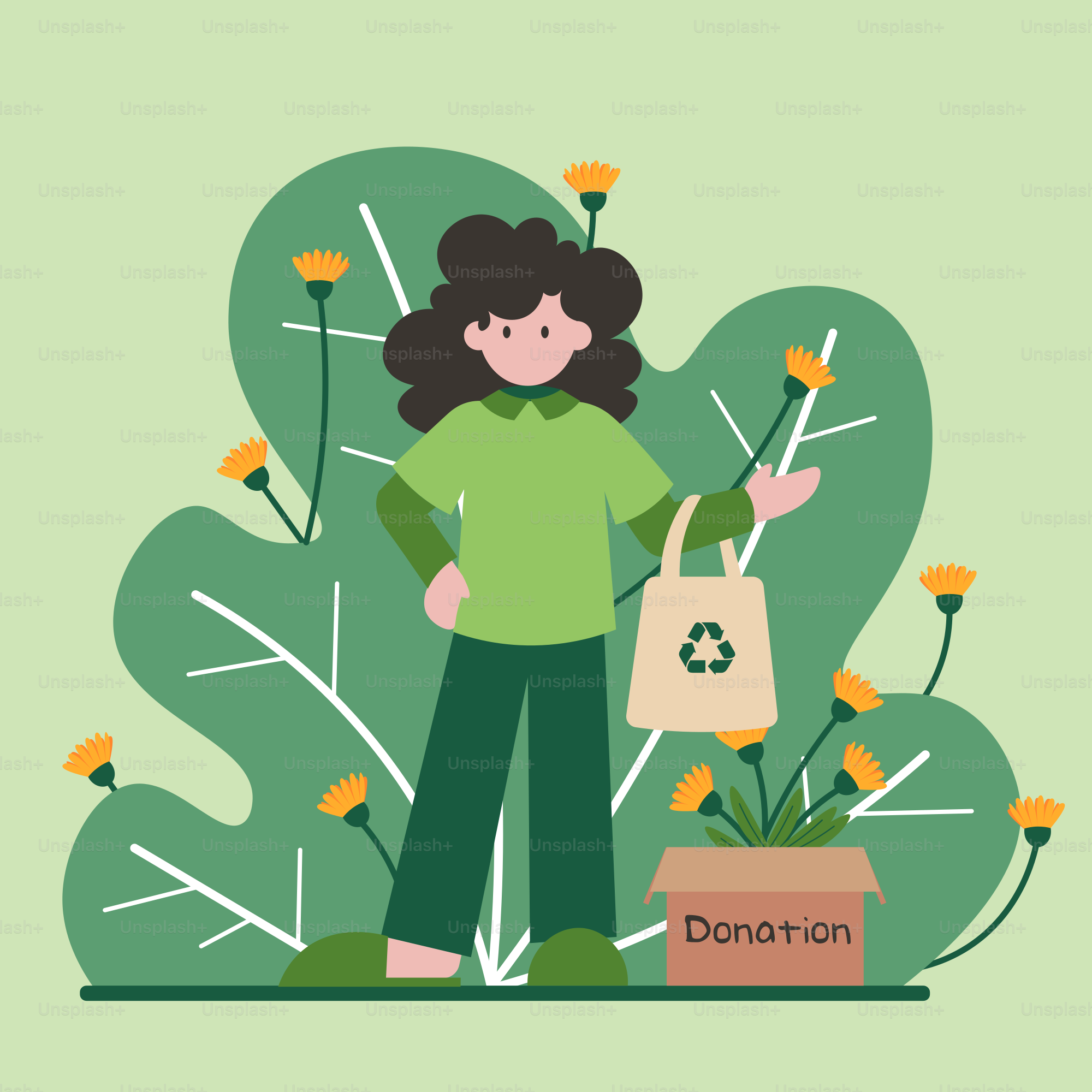 A woman standing next to a plant with a bag