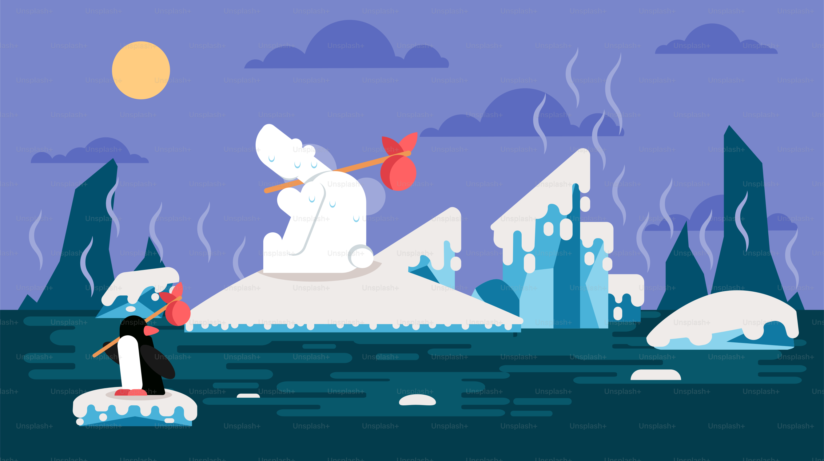 Un dessin animé d’un ours polaire et d’un manchot sur un iceberg