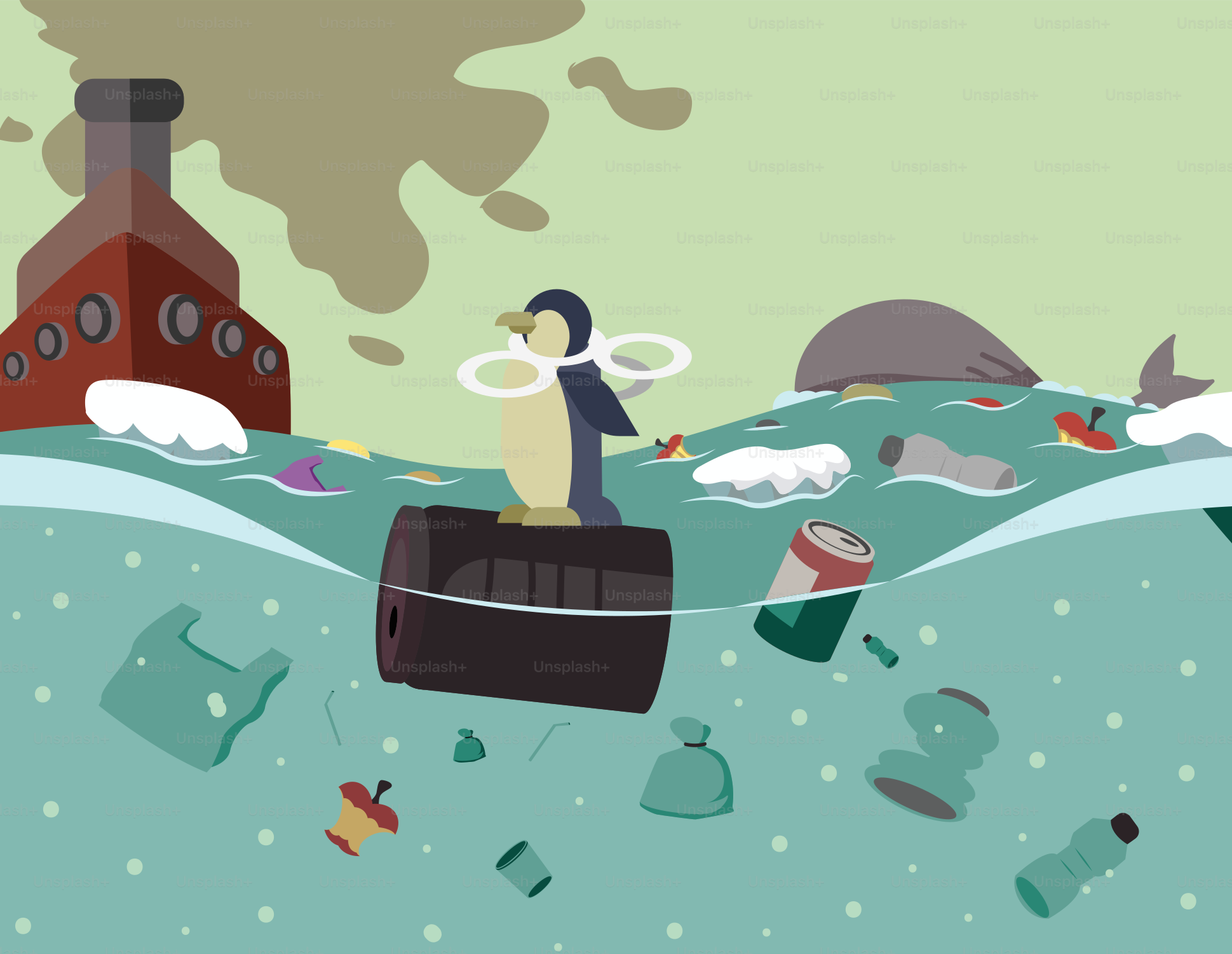 海に浮かぶゴミに囲まれたボートの中の男