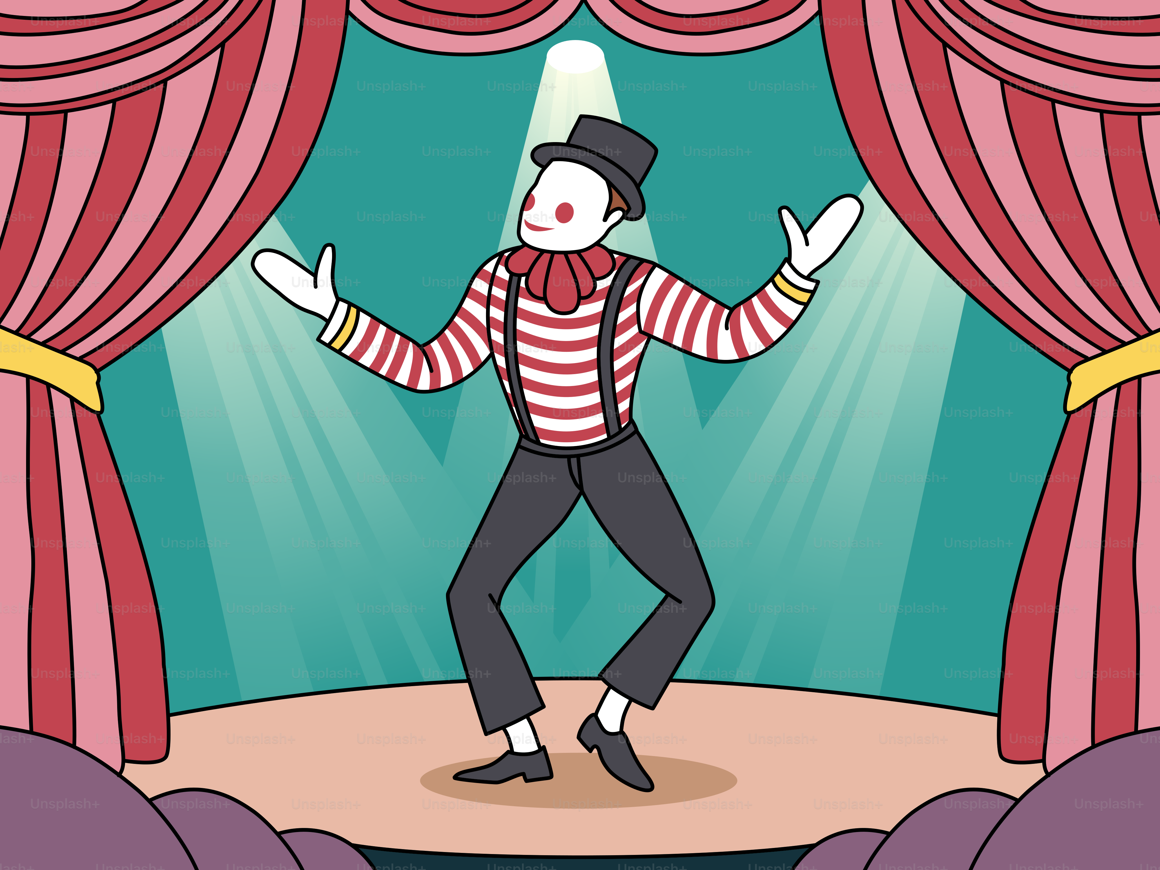 A man in striped shirt and hat dancing on stage