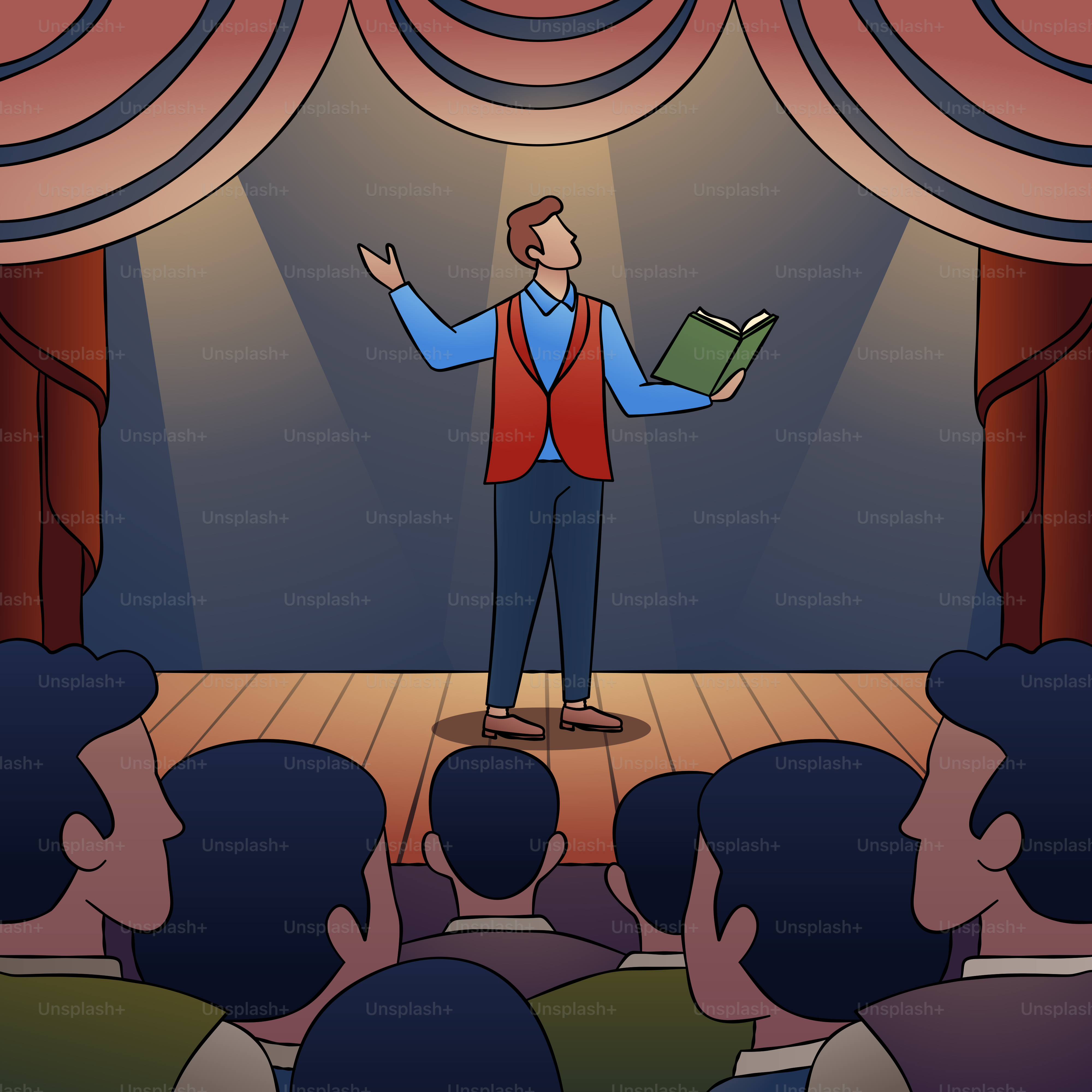 Un homme debout sur une scène, un livre à la main