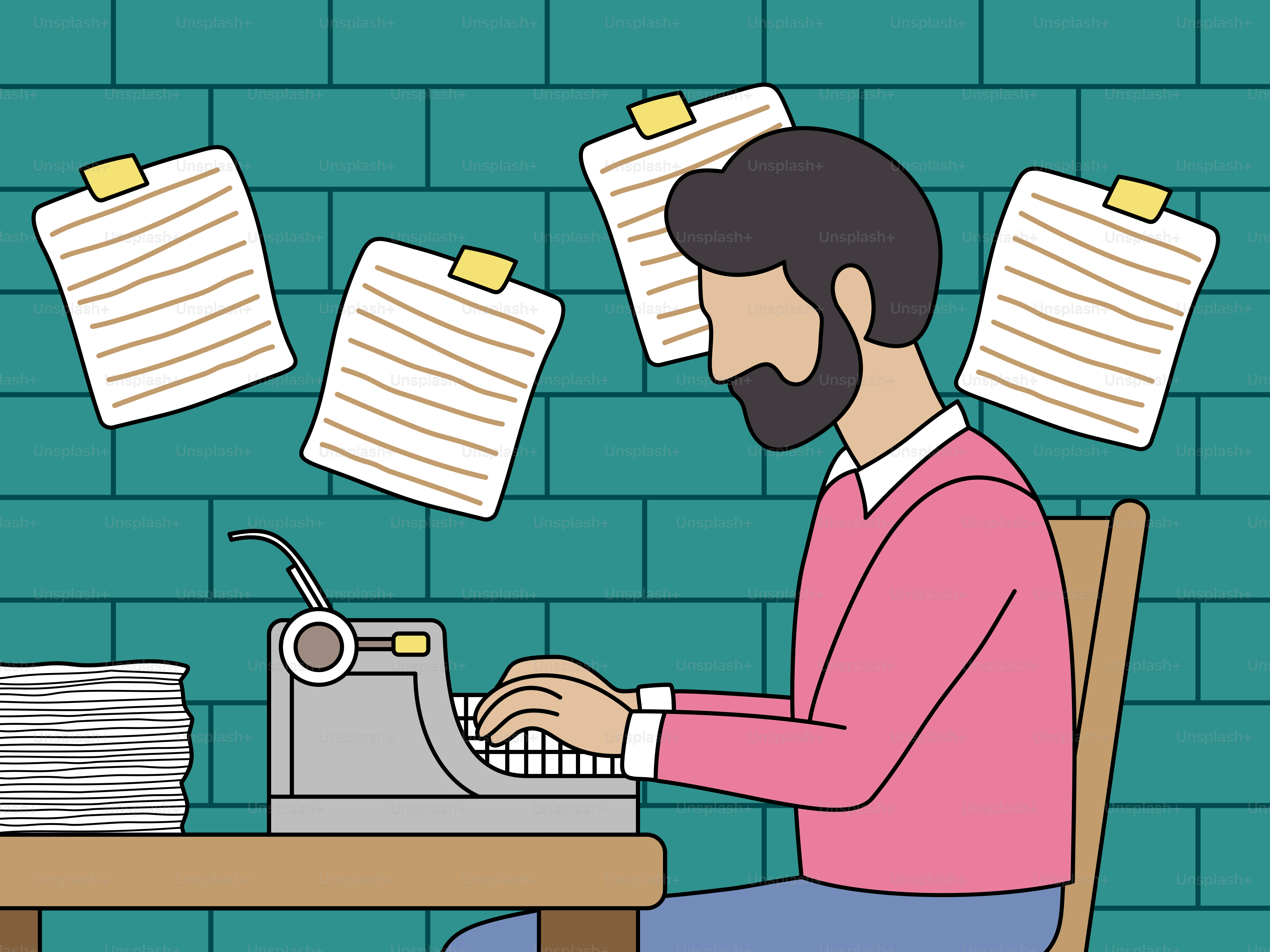 A man sitting at a desk typing on a typewriter