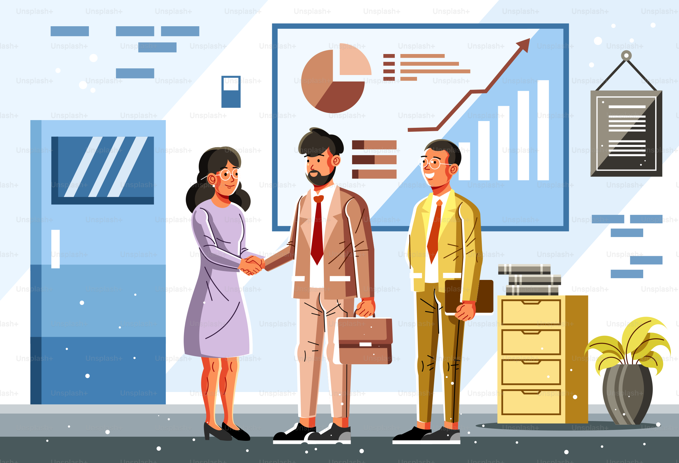 A group of people shaking hands in front of a chart