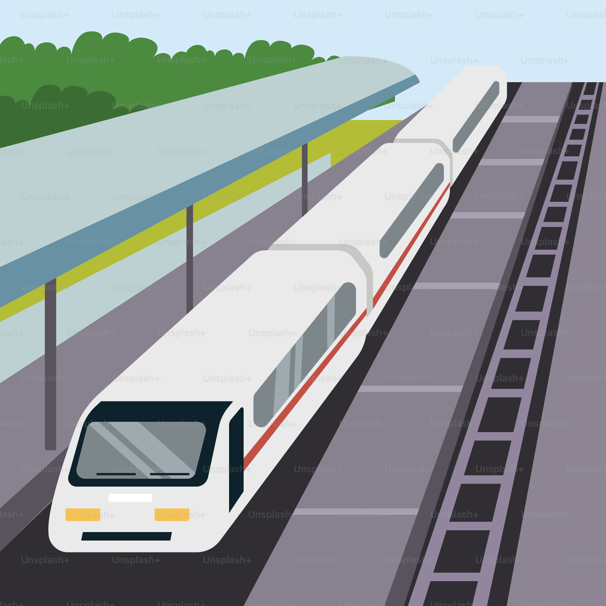 A white train traveling down train tracks next to a forest