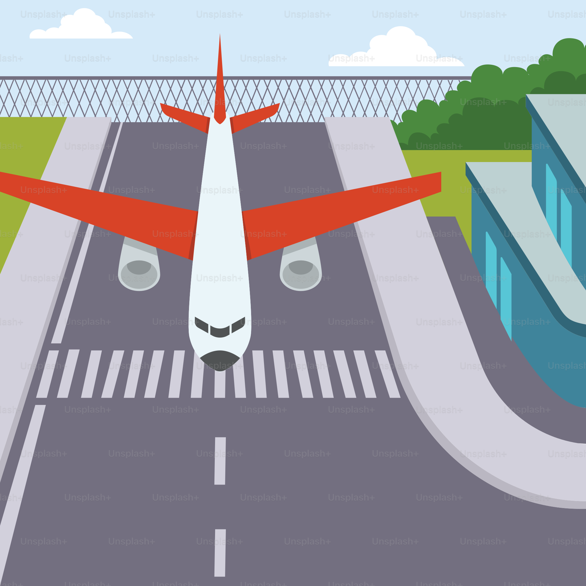 A red and white airplane is on a runway