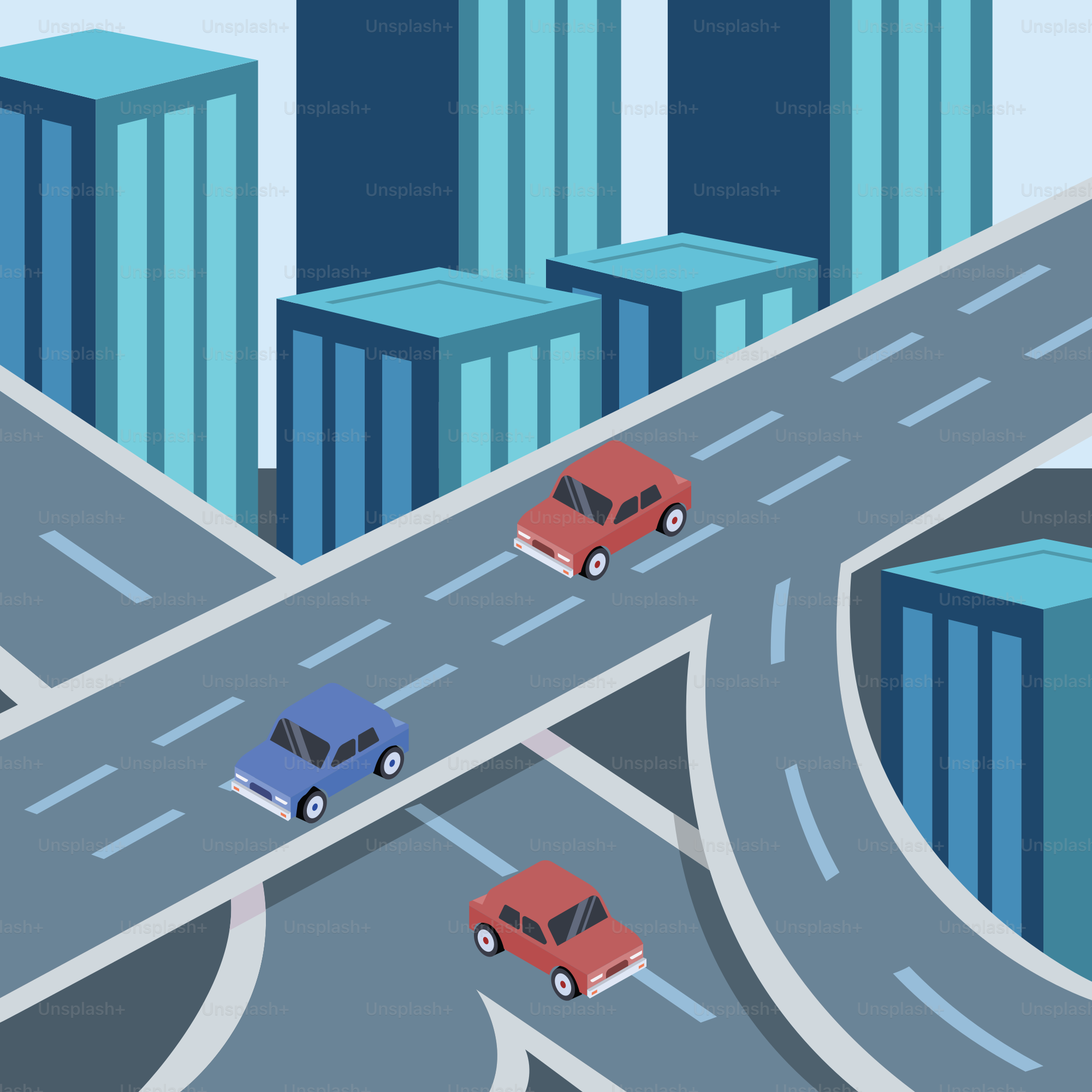 Two cars driving on a road with tall buildings in the background