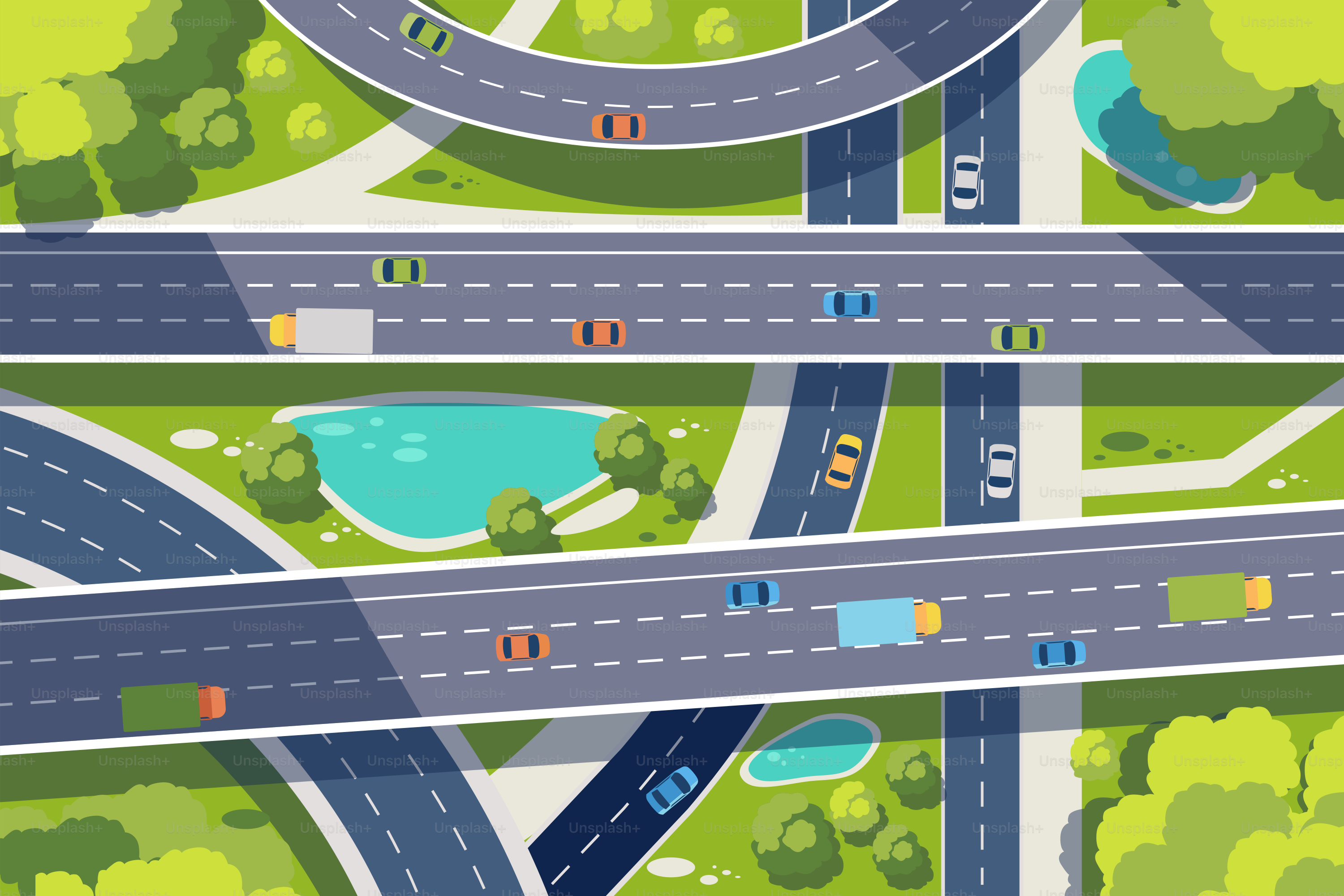 An aerial view of a highway intersection with cars and trucks