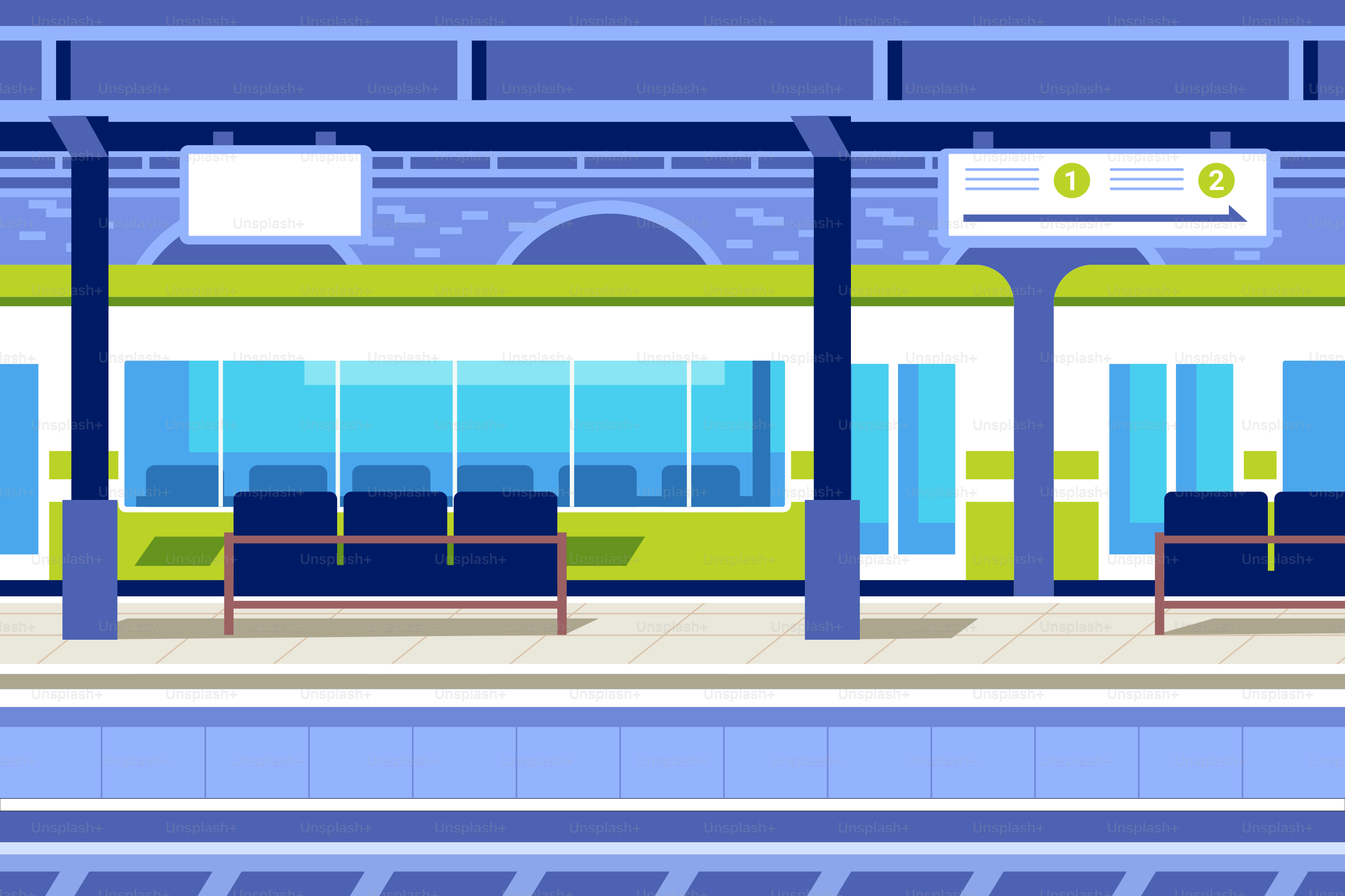 A train station with benches and a train