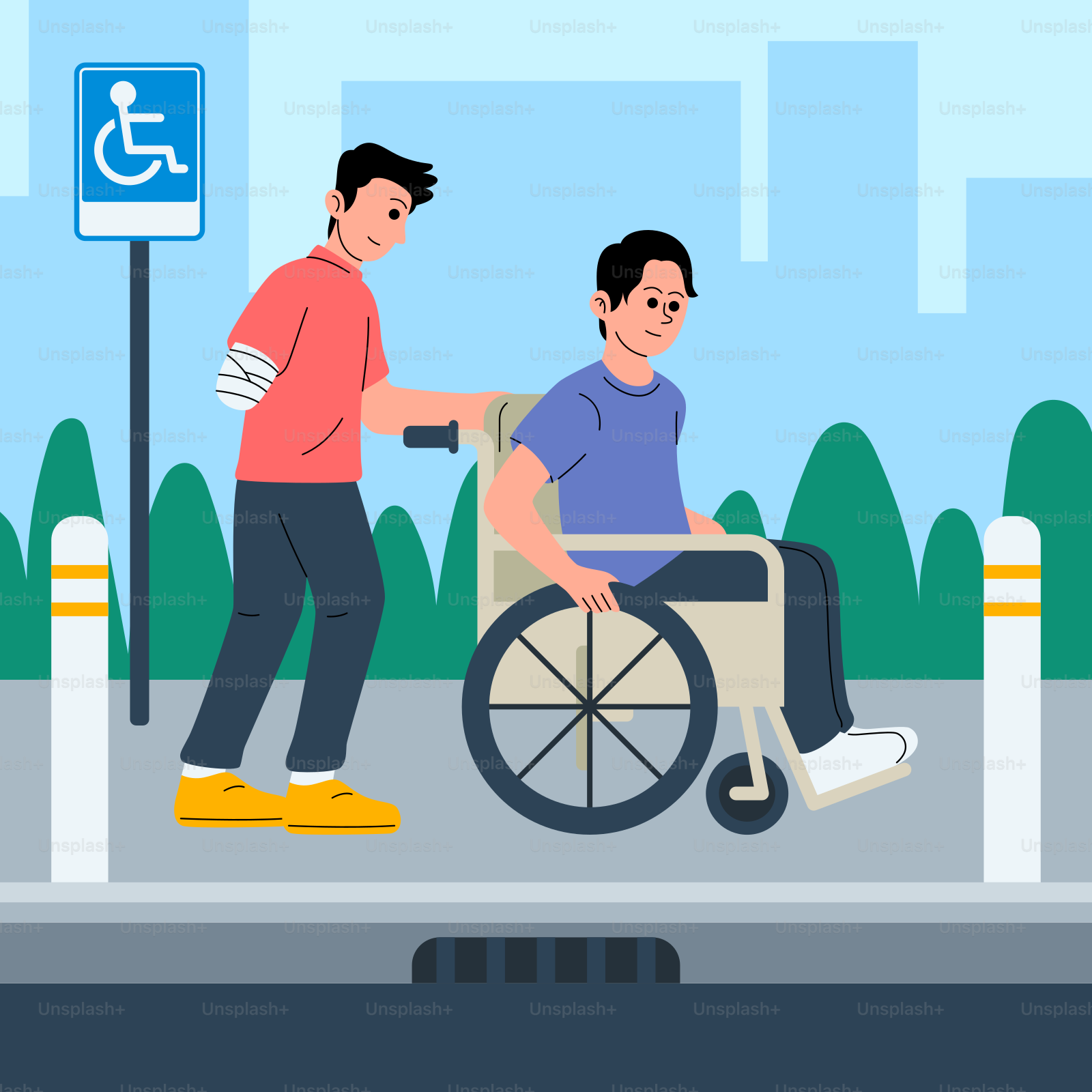 A man in a wheel chair being pushed by another man vector – Support Image  on Unsplash, image size:3000x3000