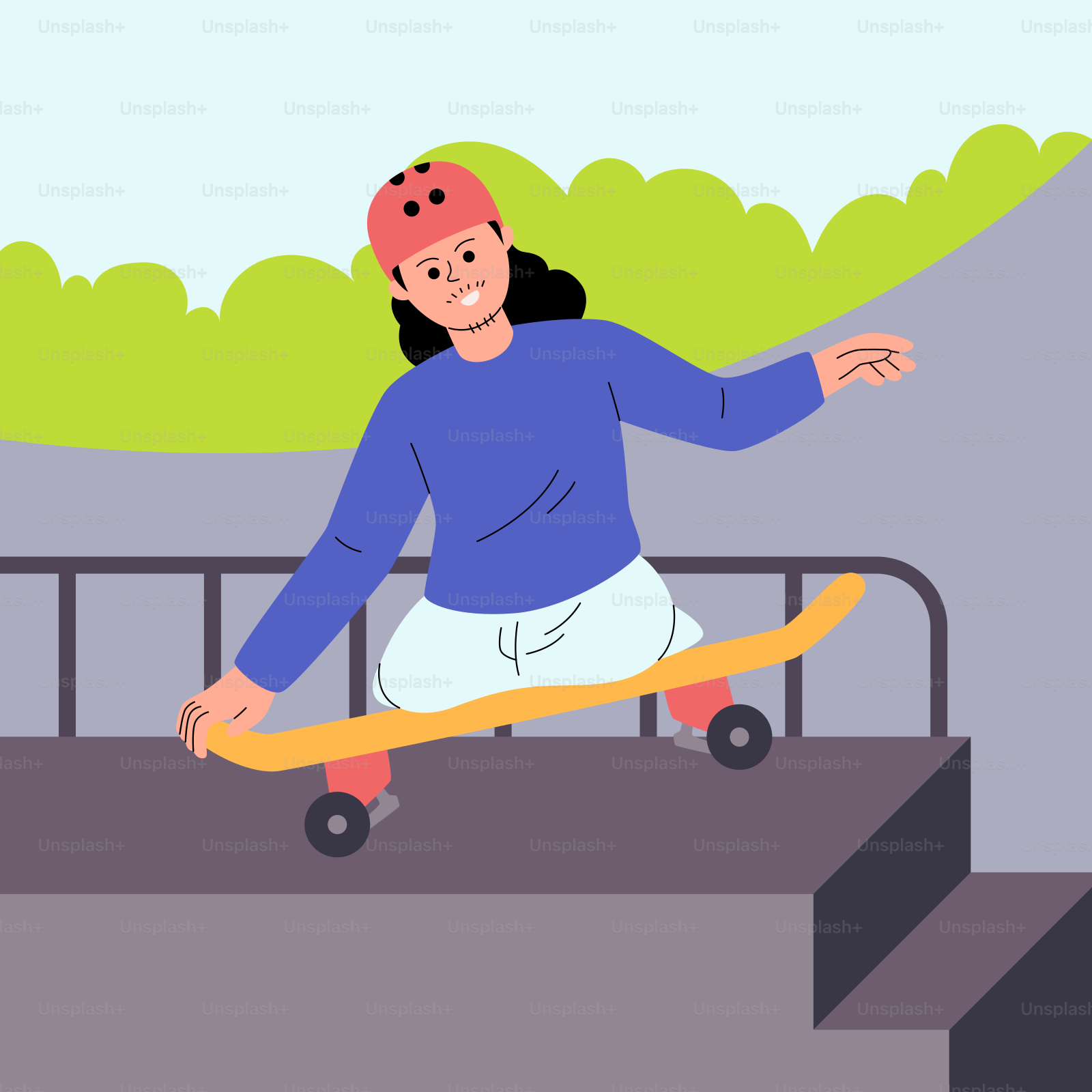 A woman riding a skateboard down a flight of stairs