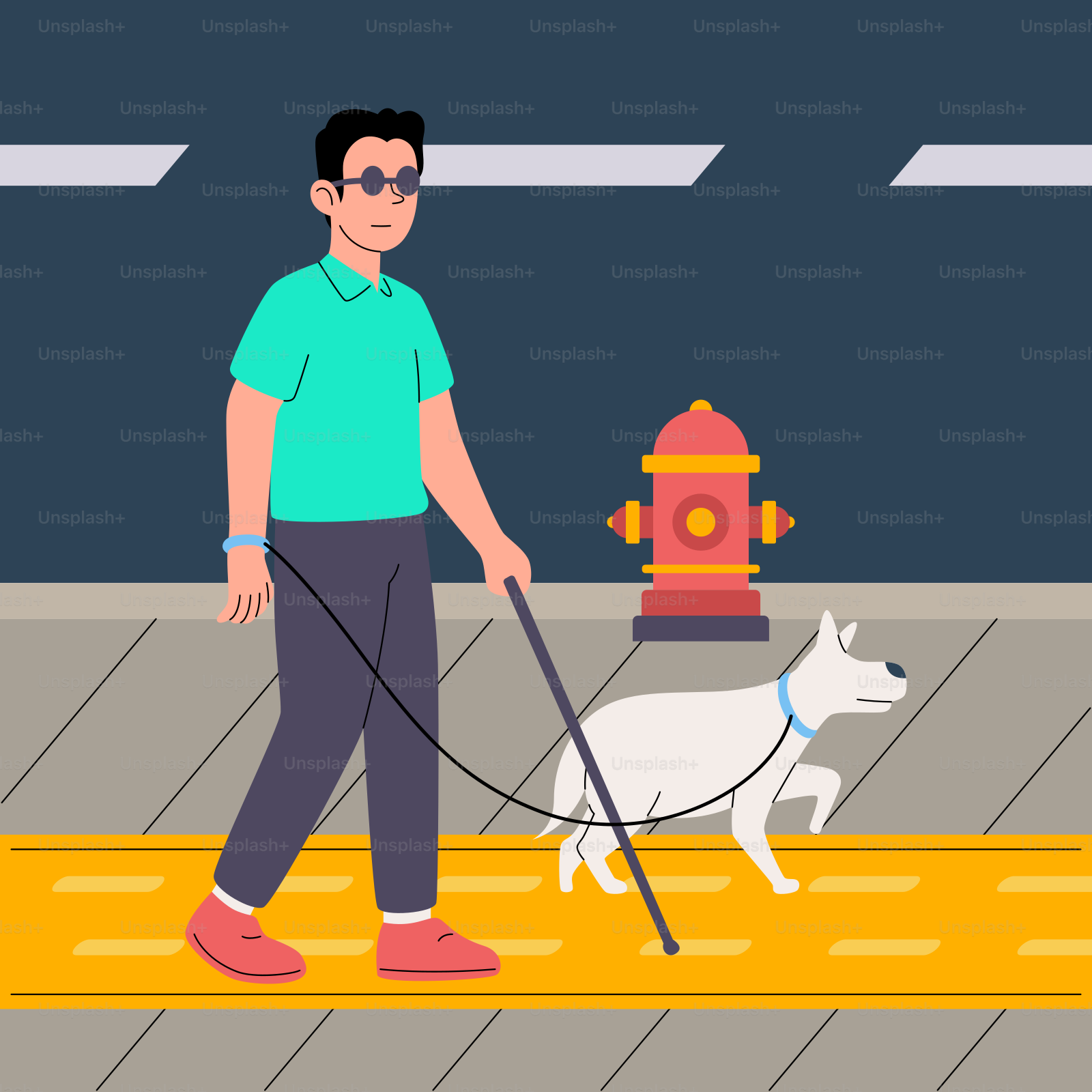リードにつながれた犬の散歩をする男性