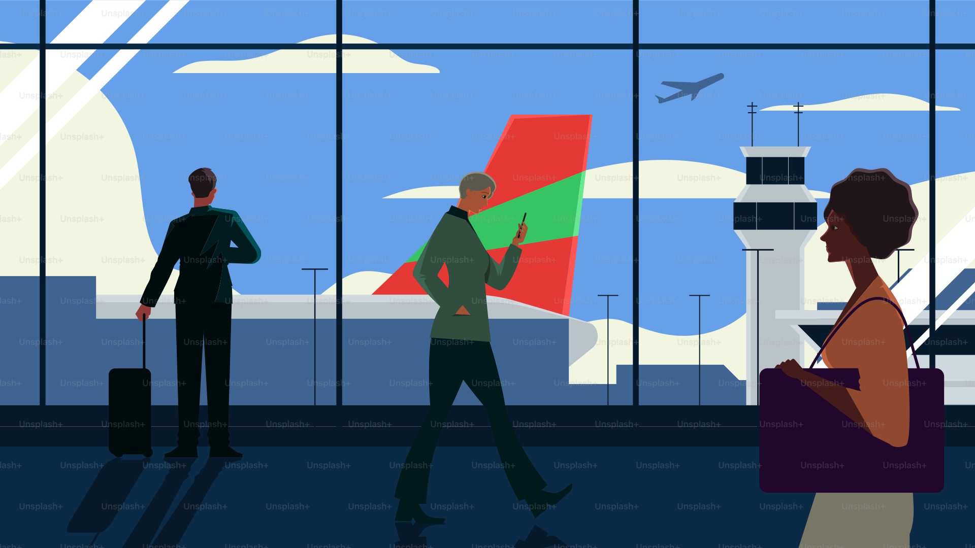 A group of people walking through an airport