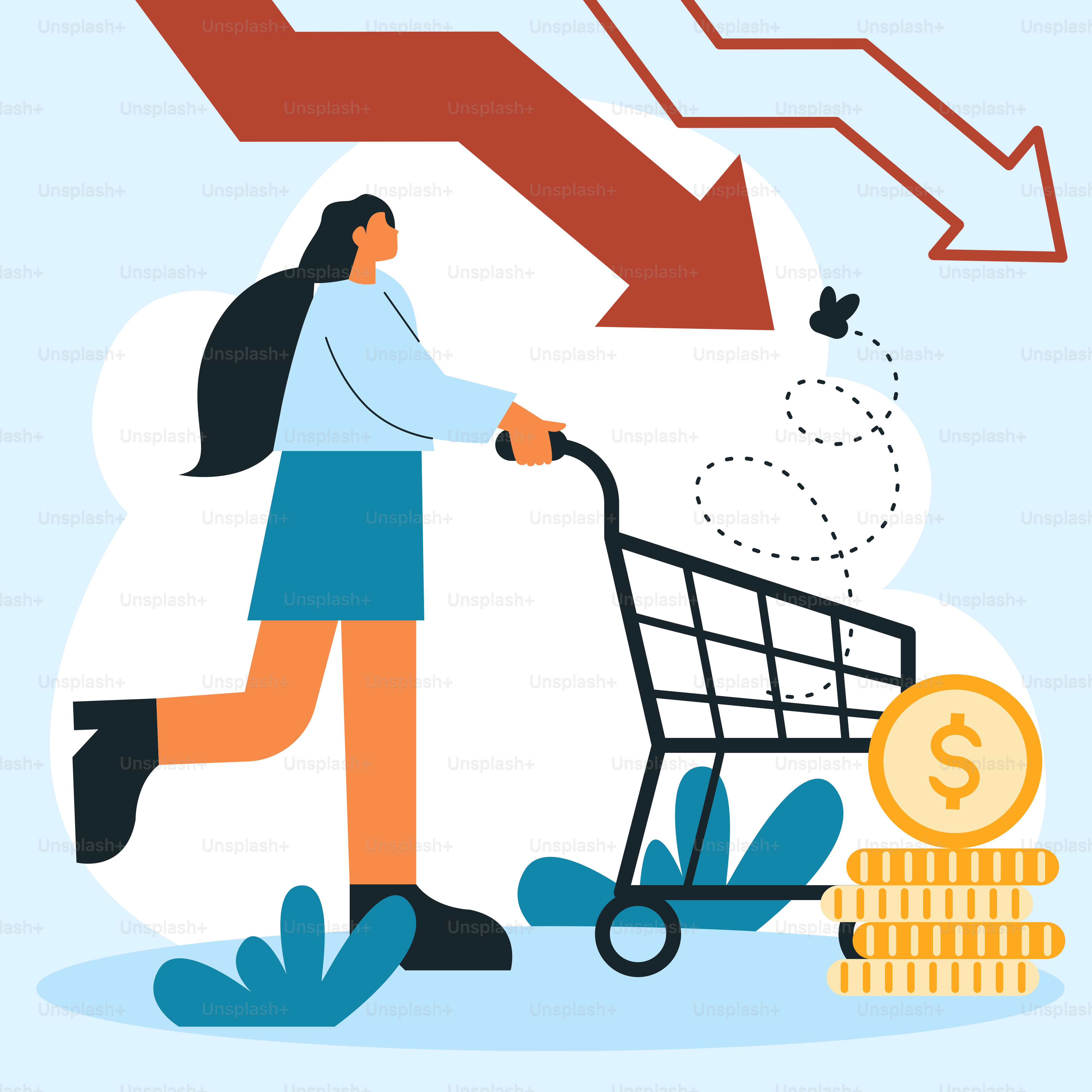 Une femme poussant un chariot à côté d’une pile de pièces