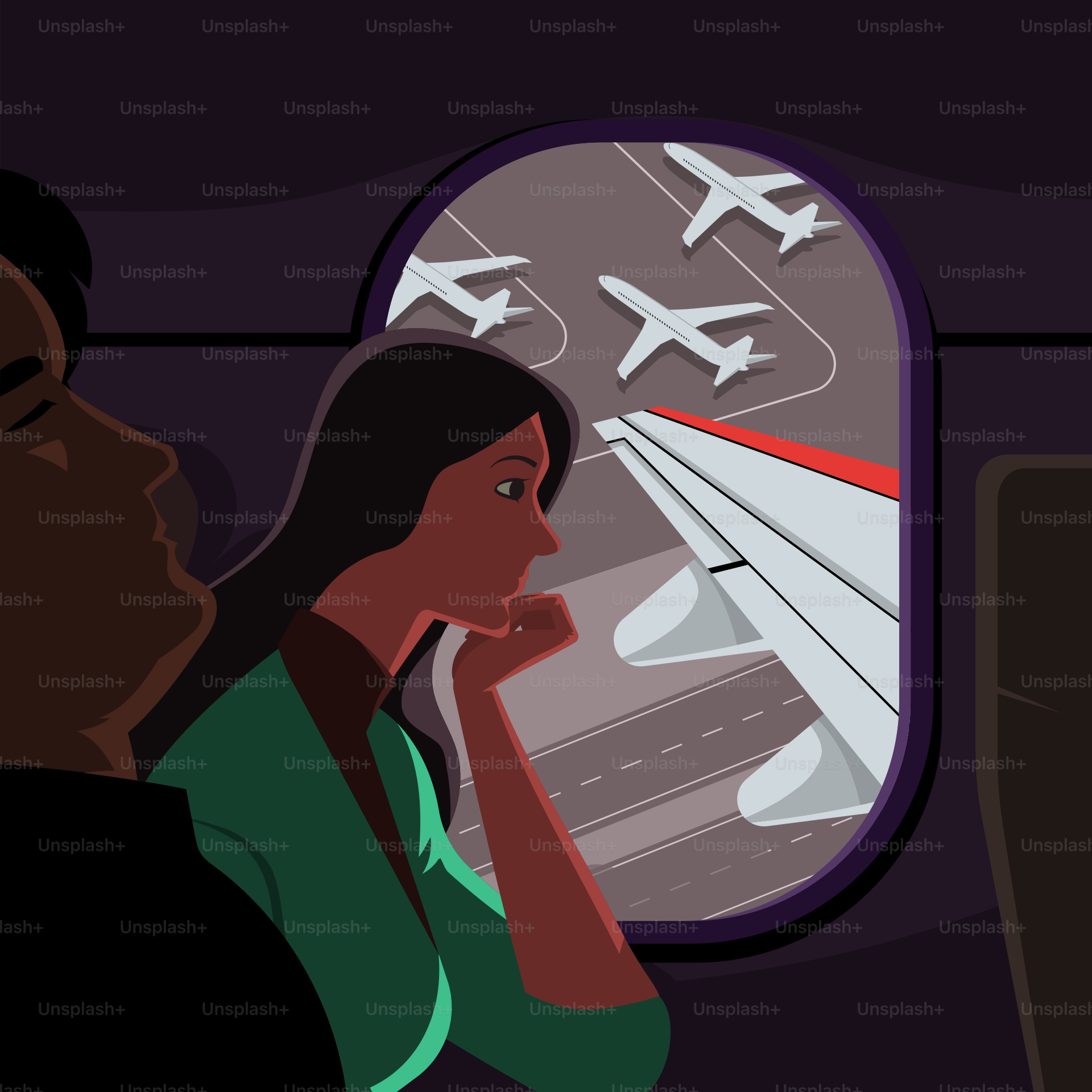 A man and a woman looking out an airplane window