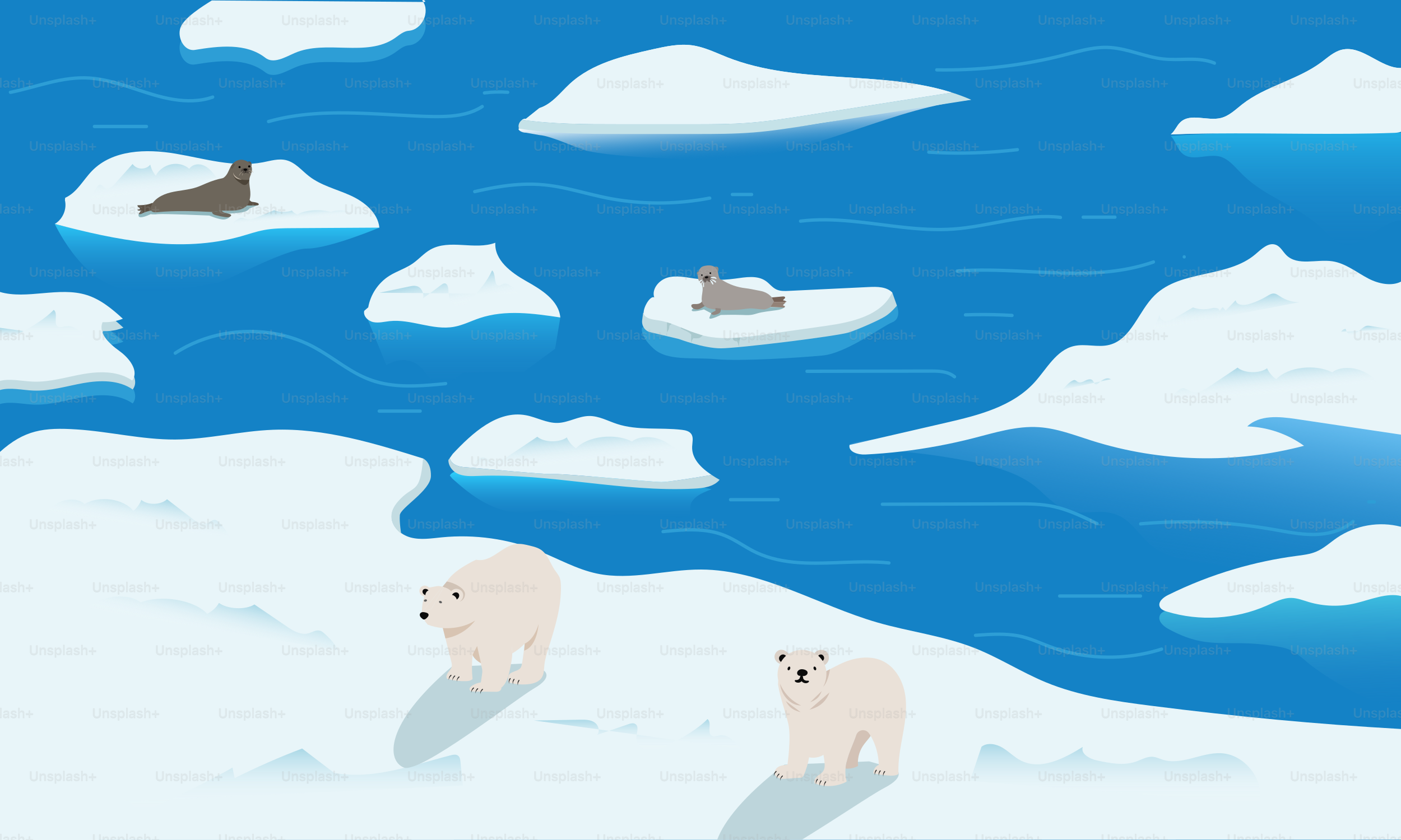 A group of polar bears walking across snow covered ground