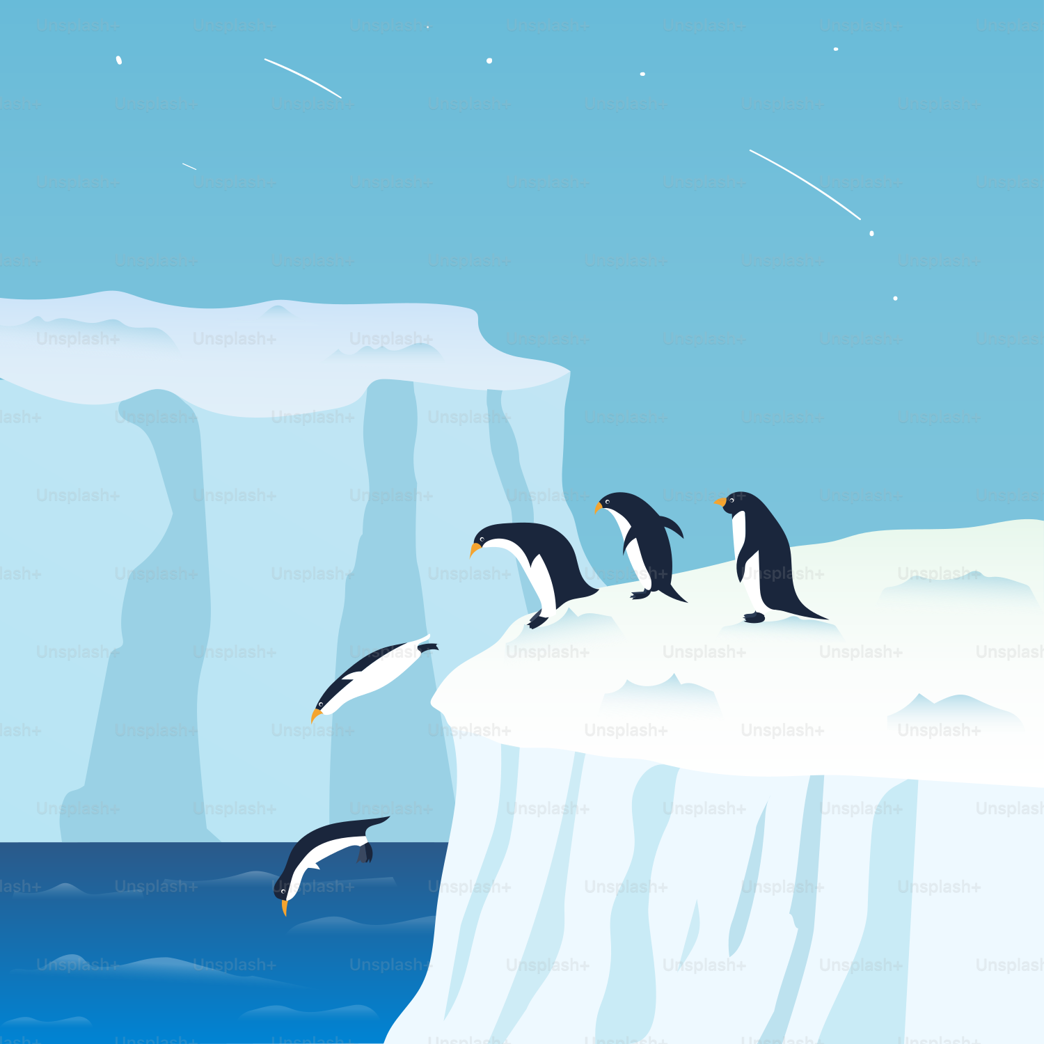 A group of penguins sitting on top of an iceberg