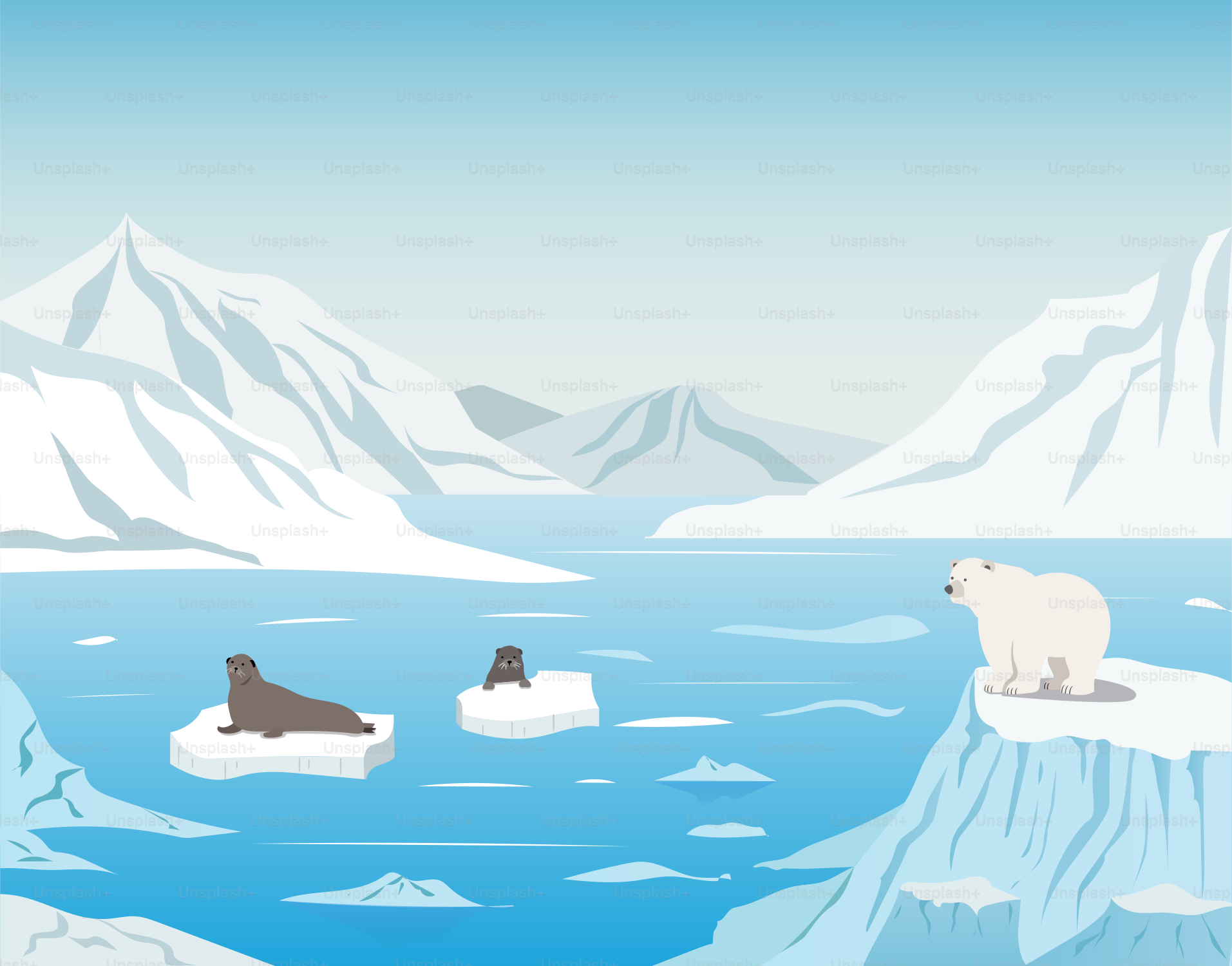 A polar bear and other animals on ice floes
