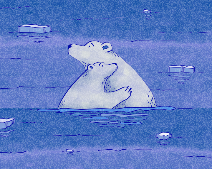 A polar bear floating in the water with icebergs in the background