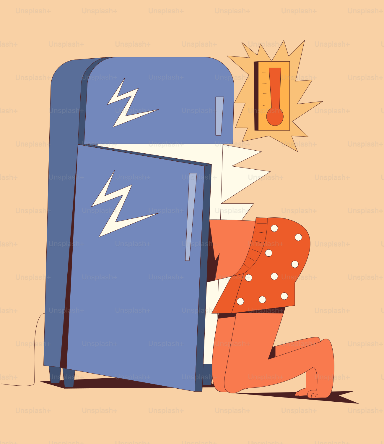 A woman is leaning against a blue refrigerator