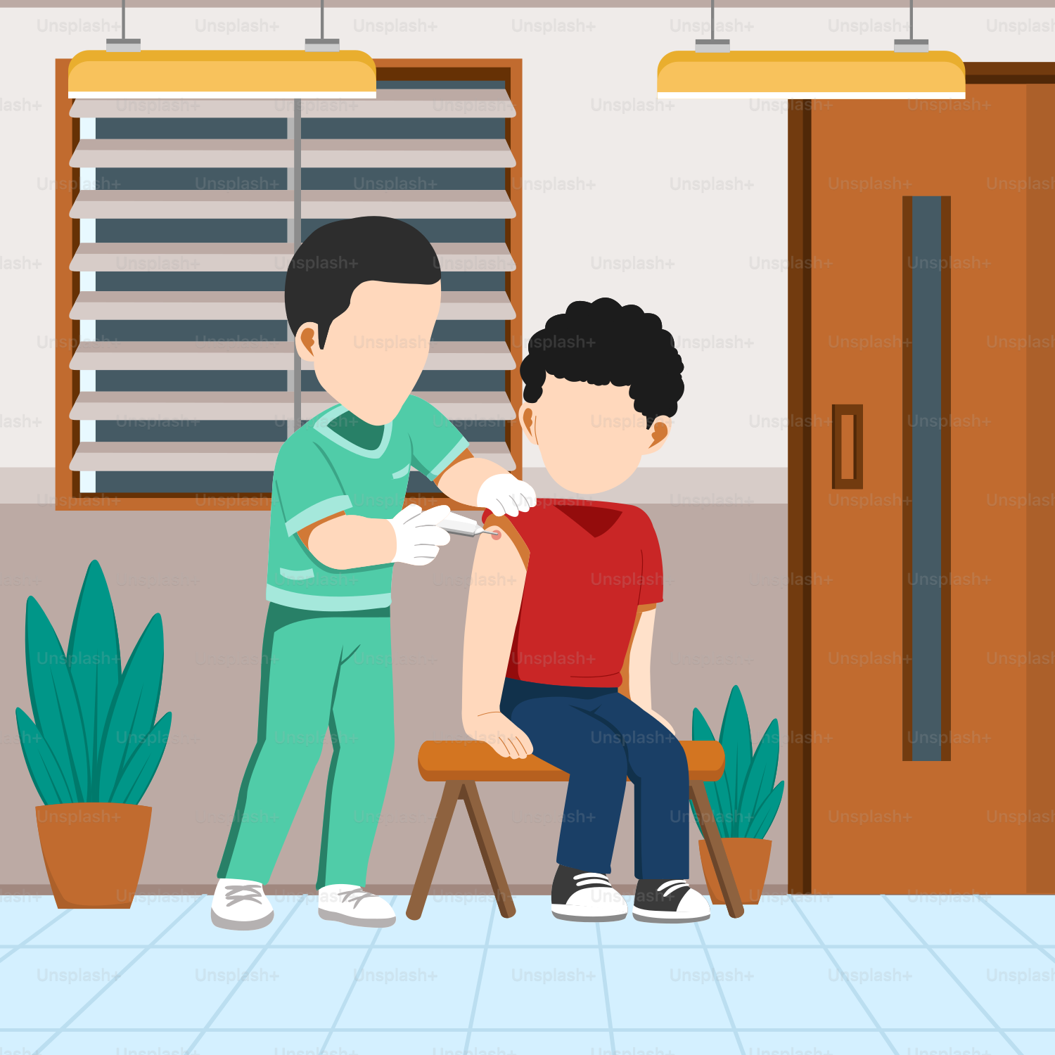 A man getting his arm bandaged by a young boy