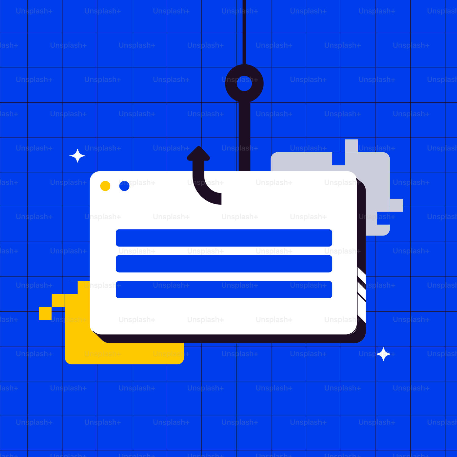 A blue background with a white piece of paper and a black hook