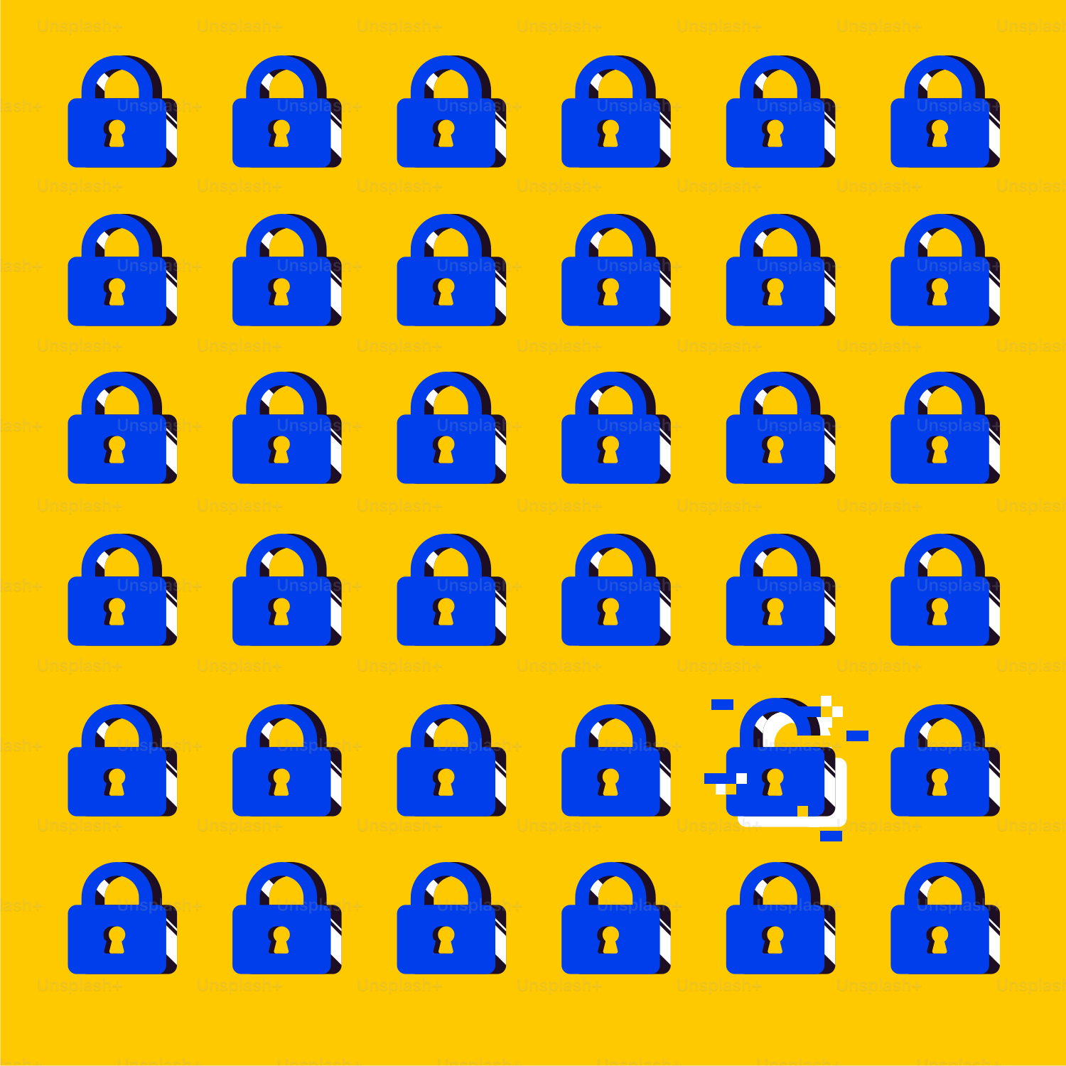 Um cartaz amarelo e azul com um monte de fechaduras
