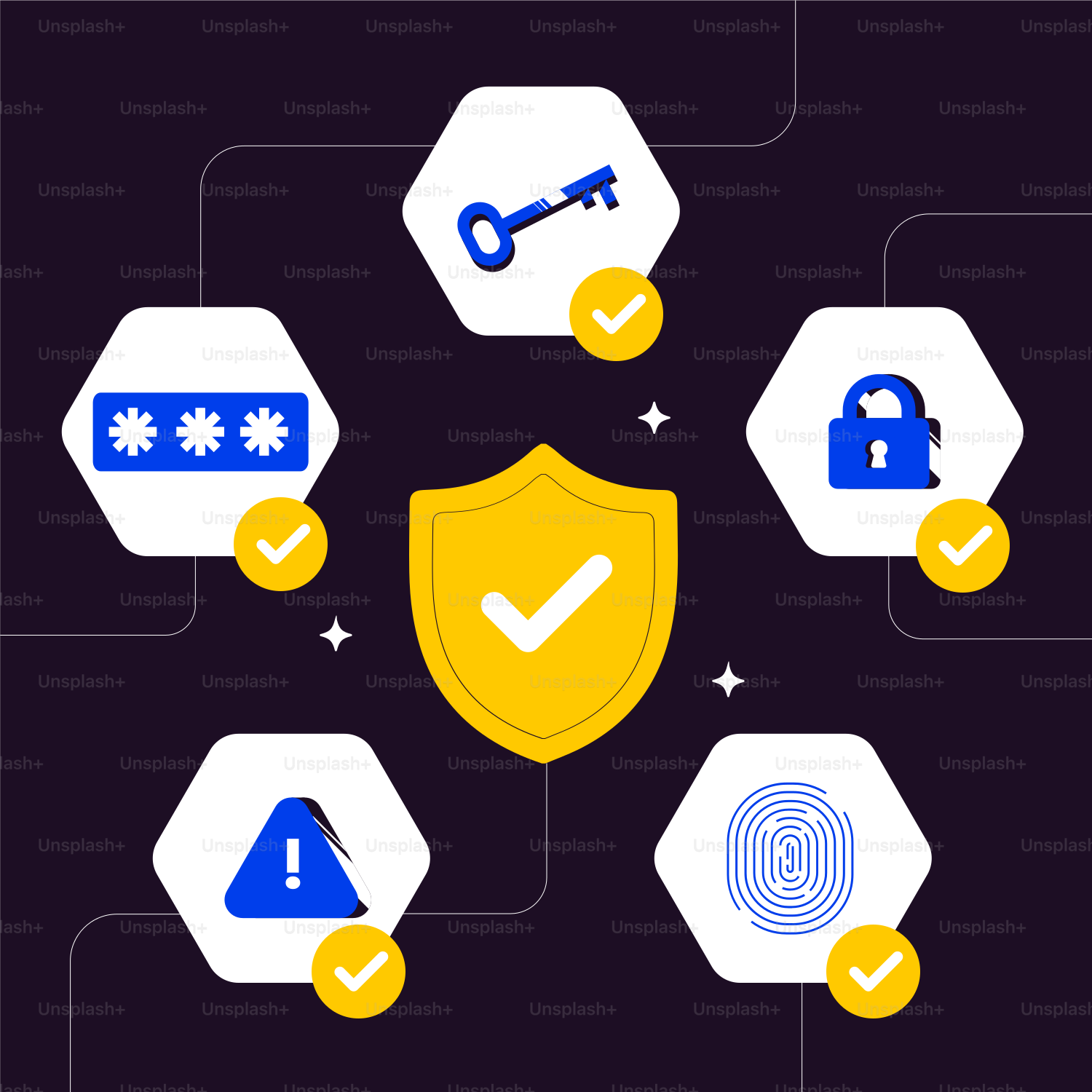 A black background with a yellow and blue shield surrounded by icons