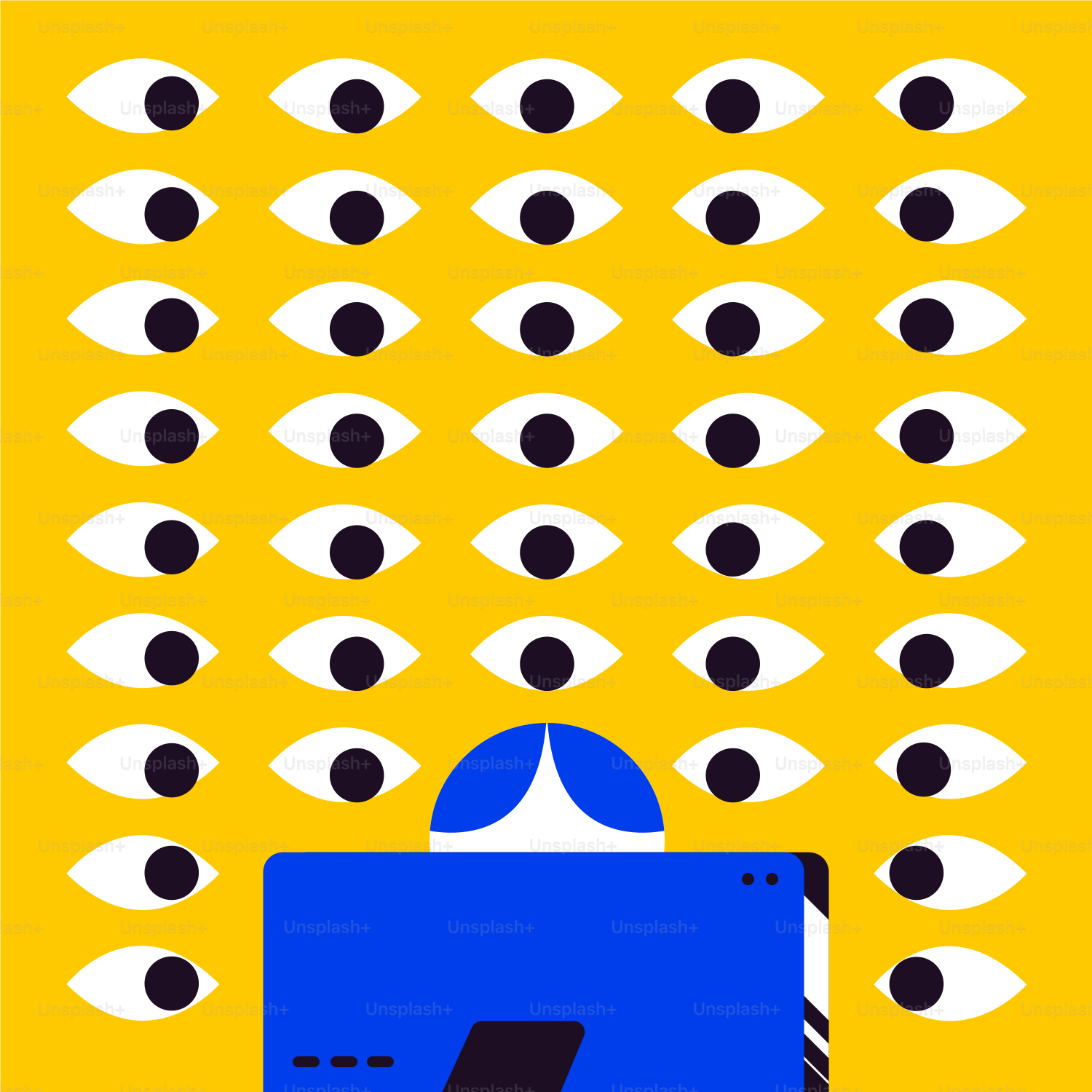 A blue and white poster with black dots on a yellow background