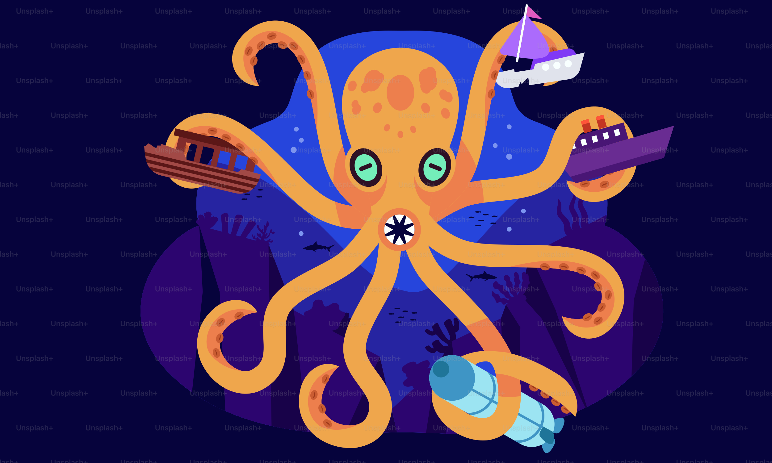 An octopus with a boat in the ocean