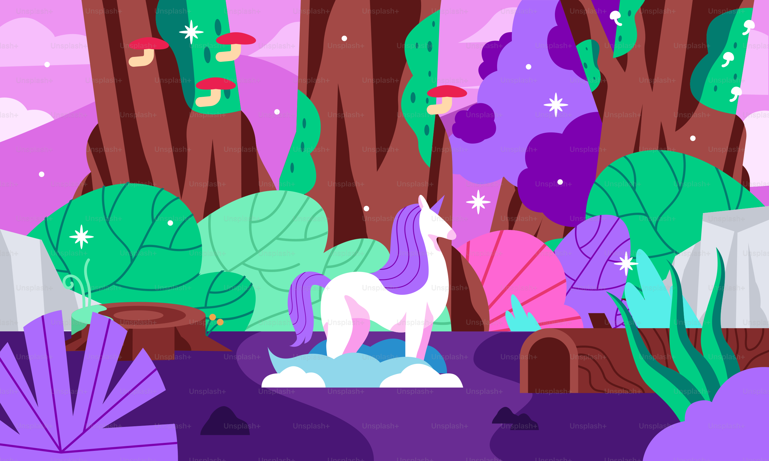 A cartoon unicorn standing in front of a forest