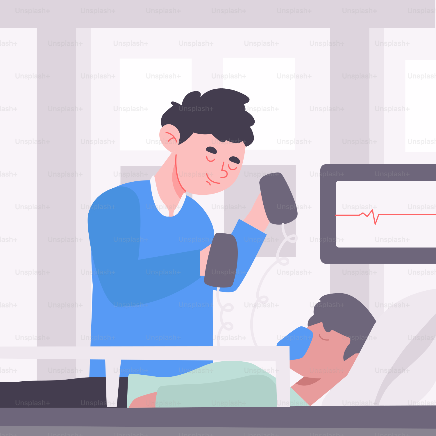 산소 튜브를 가진 병원 침대에 누워 있는 남자