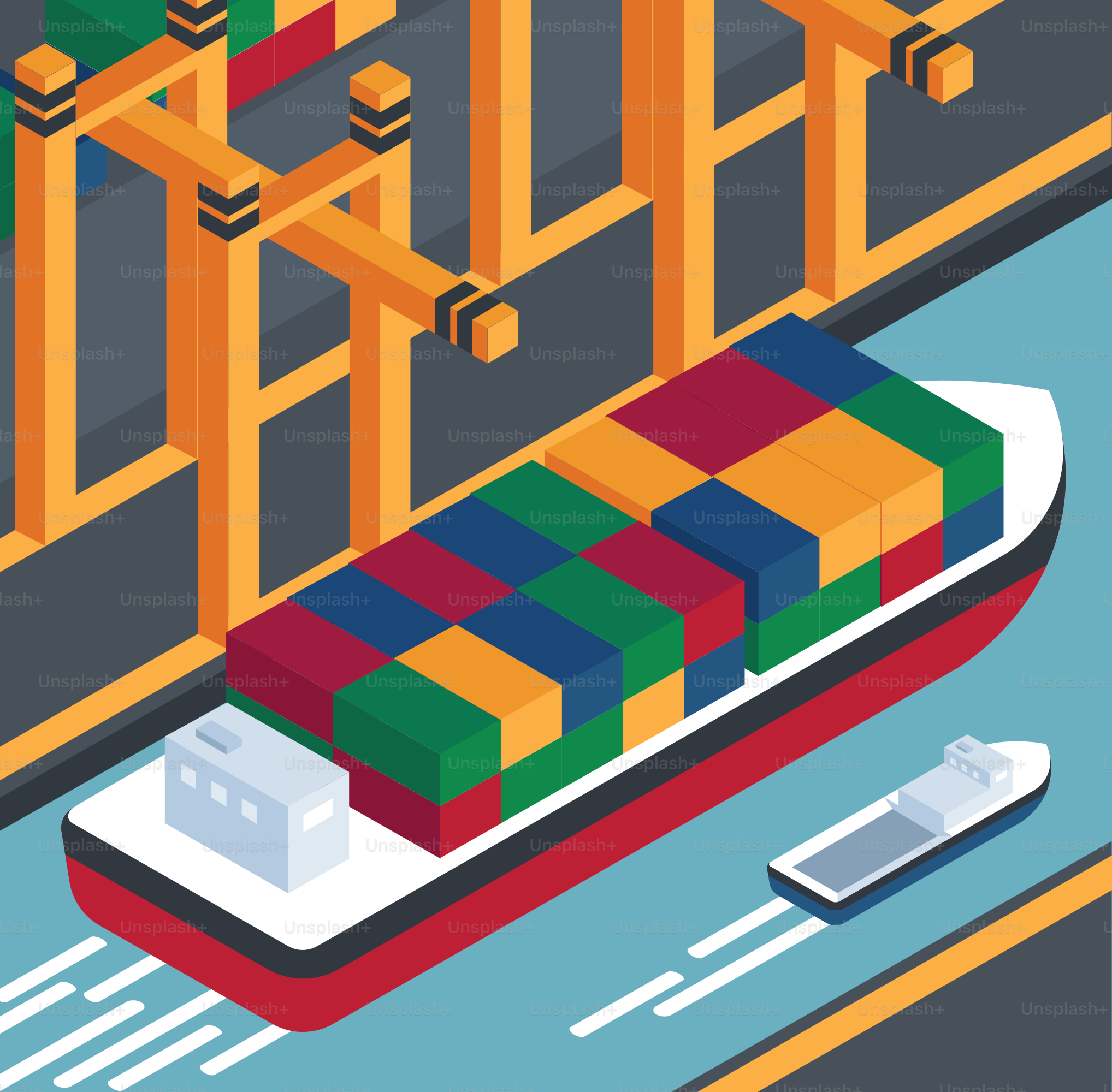 An illustration of a container being loaded onto a ship