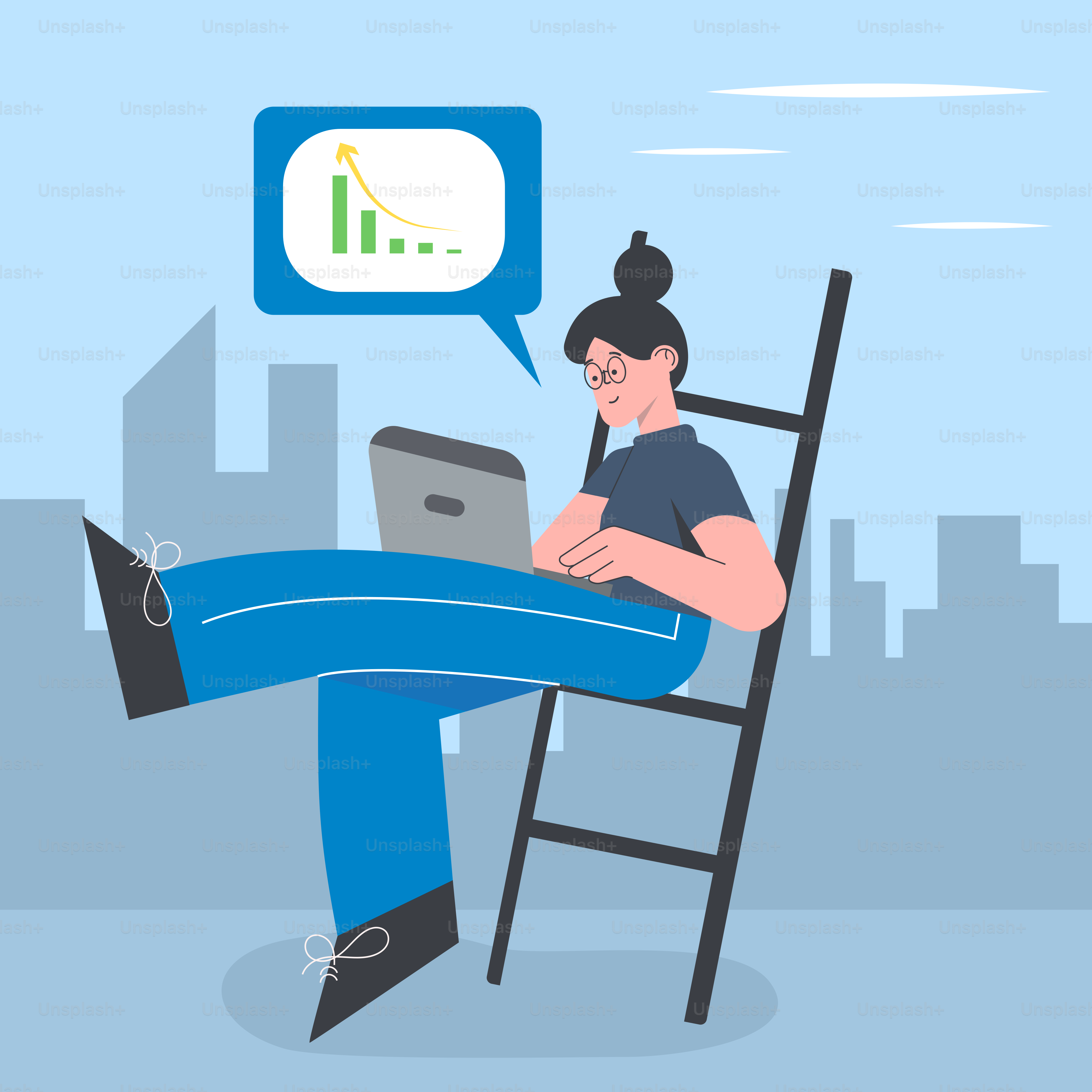 A person sitting on a ladder with a laptop