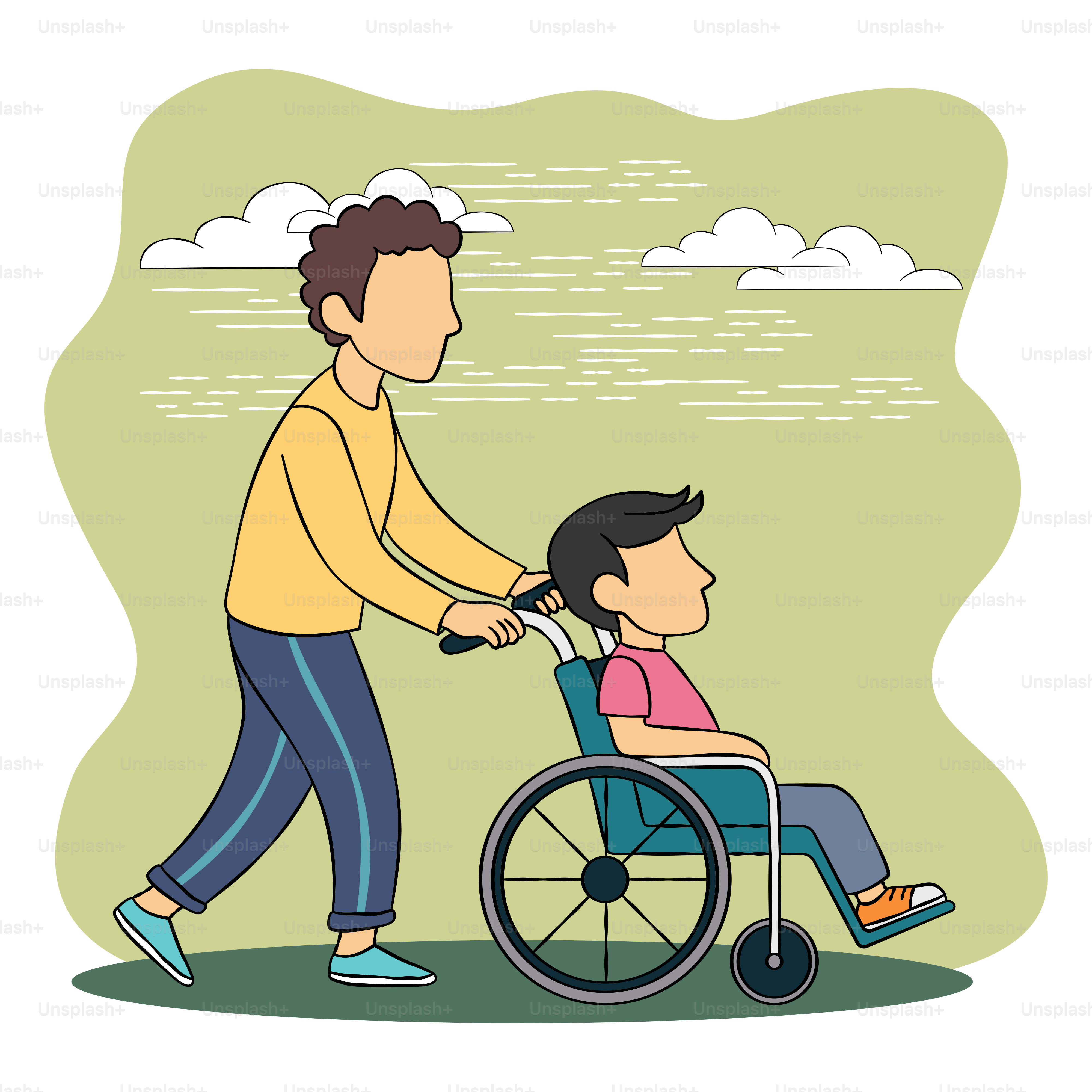 Ein Mann, der einen Jungen im Rollstuhl schiebt