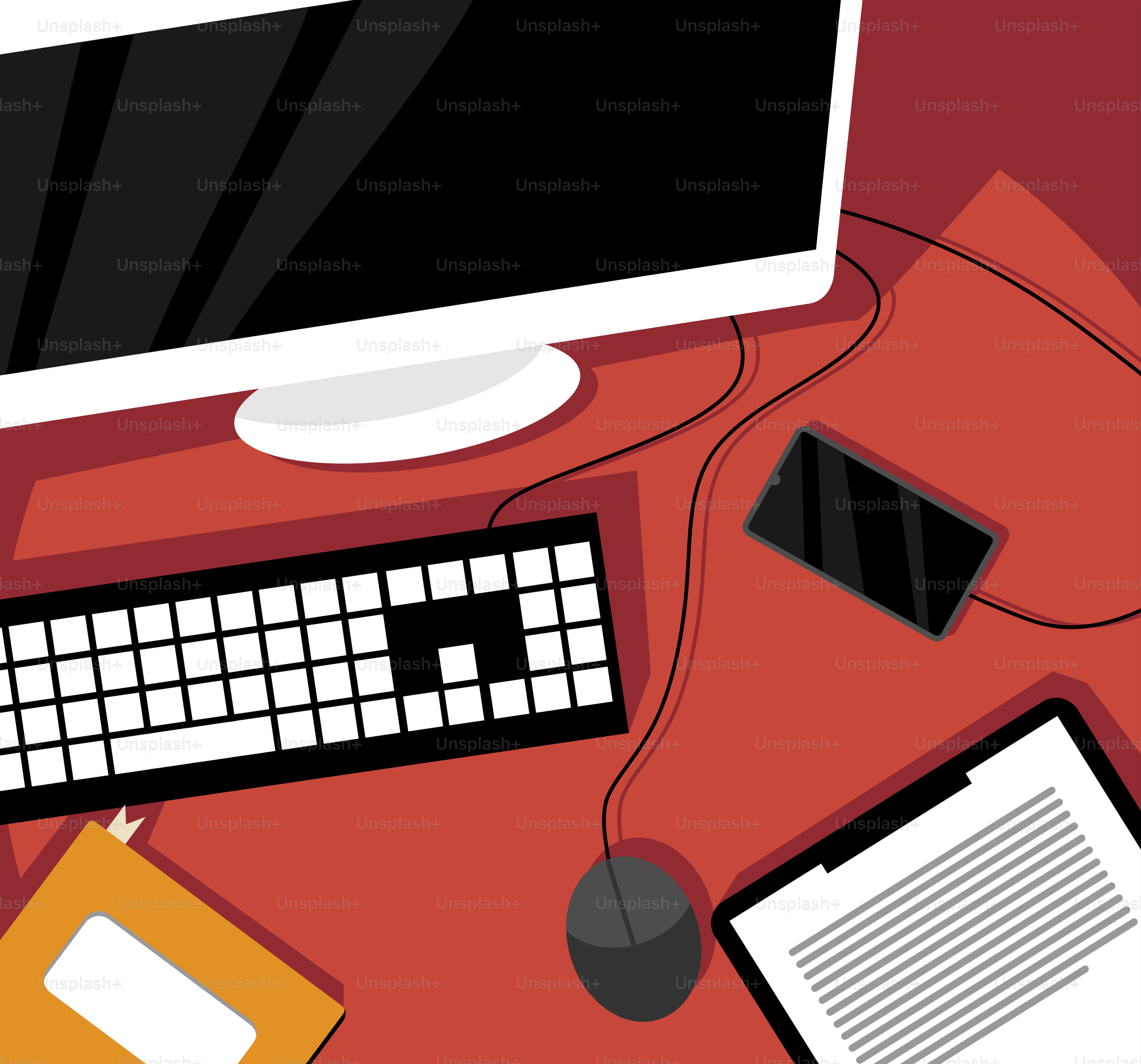 A desktop computer sitting on top of a red desk